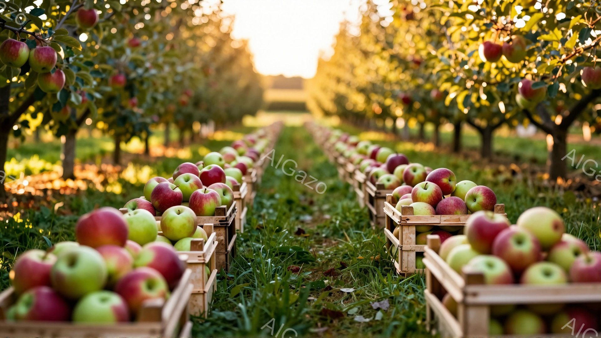 鮮やかな赤と緑のリンゴが木箱に並べられ、整然とした列をなして遠くまで続いている。周囲には青々とした草が生い茂り、背景にはぼやけた木々と夕焼けのような暖かい光が広がっている。全体的に豊穣で穏やかな、秋の - AI生成フリー素材