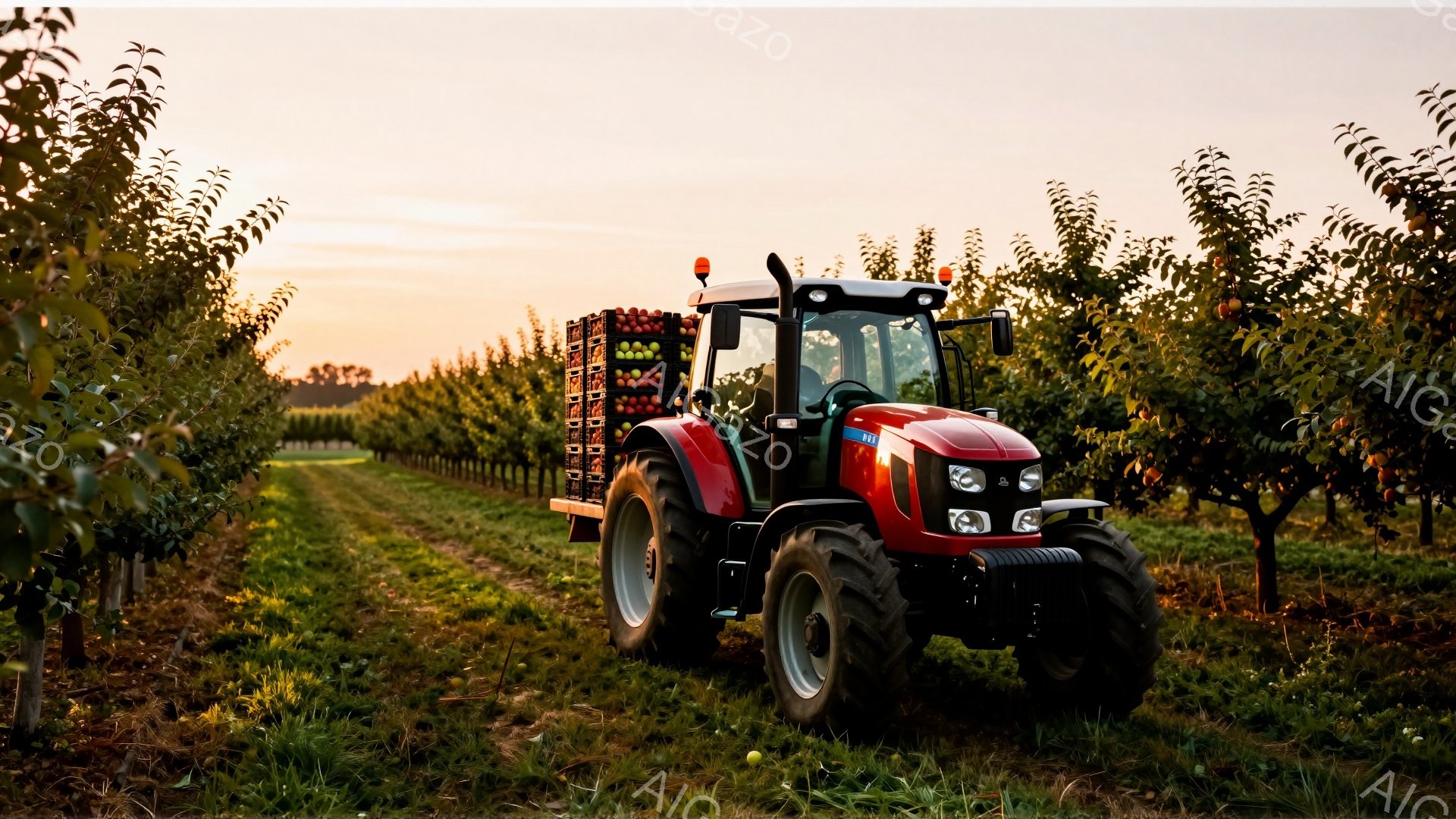 真っ赤なトラクターがリンゴ園の中を走っている様子が写っている。リンゴ園は整然と並んだリンゴの木々で埋め尽くされており、背景には夕焼け空が広がっている。トラクターの荷台には、収穫されたばかりの鮮やかな赤いリンゴが積み重ねられており、豊穣な秋の雰囲気を醸し出している。
