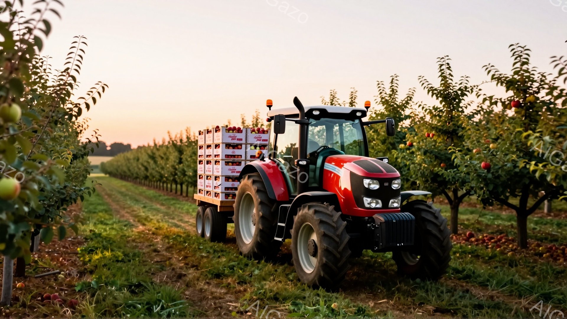 真っ赤なトラクターが、リンゴが積まれたトレーラーを引いて、リンゴ園の中を走っている。夕焼けの光がリンゴ園全体を暖かく照らし、豊穣な秋の雰囲気を醸し出している。リンゴの木々は実をつけ、背景には夕焼け空が広がり、平和で穏やかな情景が広がっている。
