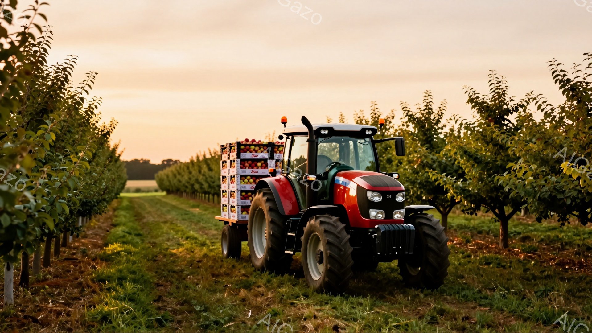 赤いトラクターがリンゴ園の中を走っており、トレーラーには収穫されたリンゴの箱が積み重ねられています。夕焼けのような暖かな光がリンゴ園全体を照らし、収穫の喜びと静けさが感じられます。リンゴの木々は整然と並び、秋の豊かな実りを予感させる風景です。