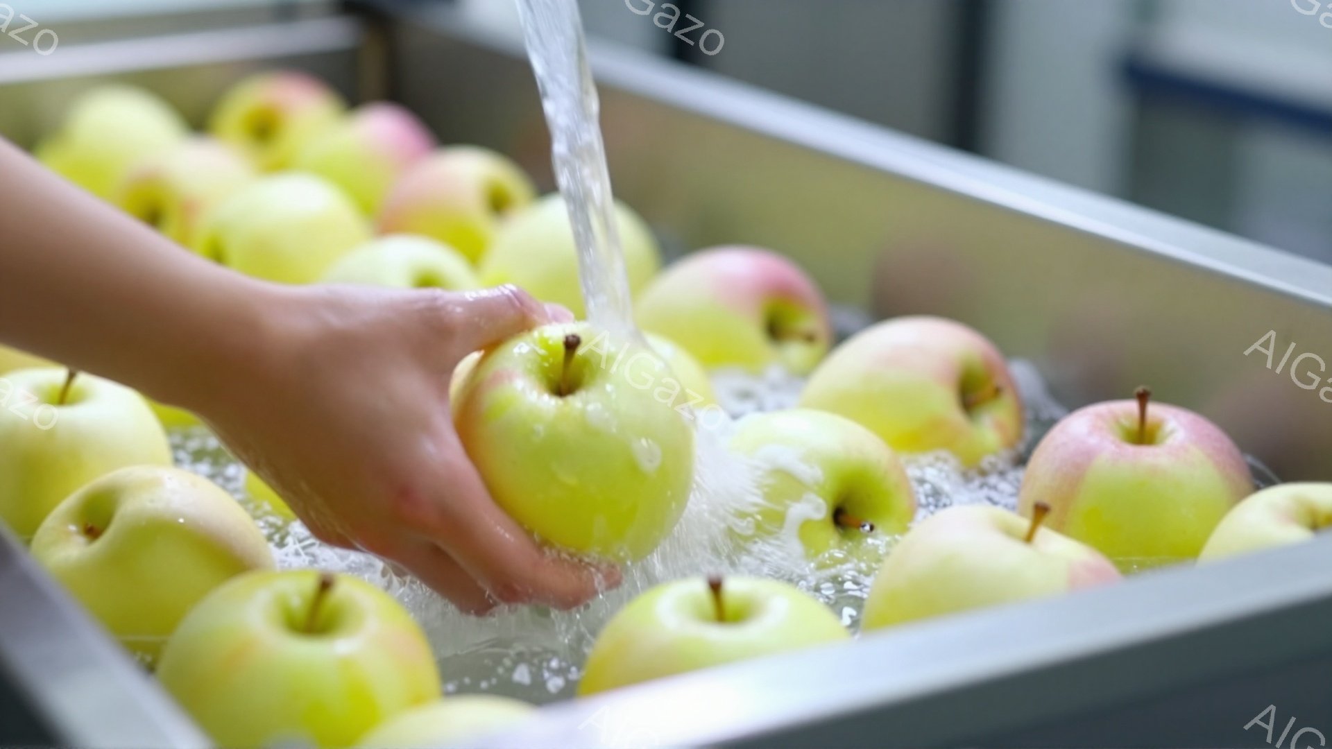 ステンレス製の容器に、赤と緑のリンゴが大量に並べられています。誰かの手が、緑色のリンゴの一つを水中で握っており、水がリンゴに降り注いでいます。背景はぼやけており、リンゴの洗浄または選別が行われているような、清潔で工業的な雰囲気が漂っています。