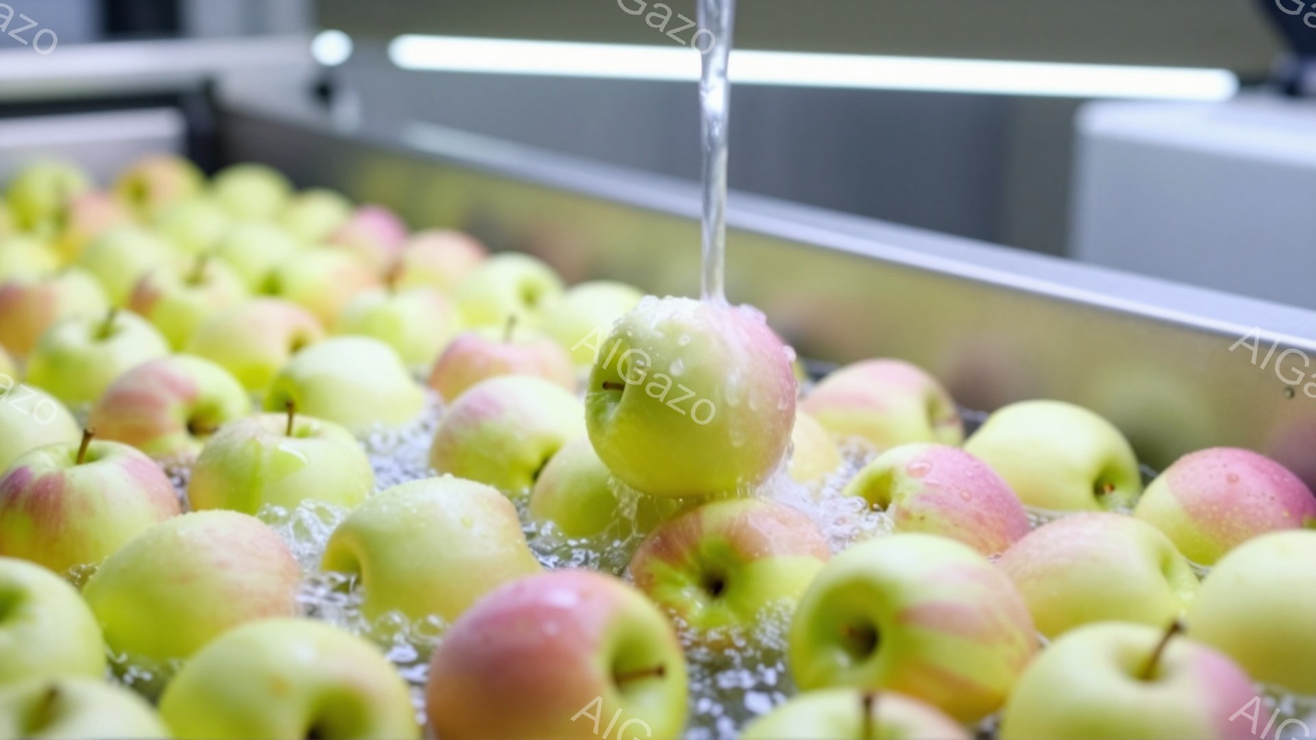 画像には、水で洗われているたくさんのリンゴが写っています。リンゴは鮮やかな緑色と赤色が混ざっており、水滴で覆われています。背景は金属製のコンベヤーベルトと白い壁で、工業的な雰囲気で、洗浄ラインの一部であることがわかります。