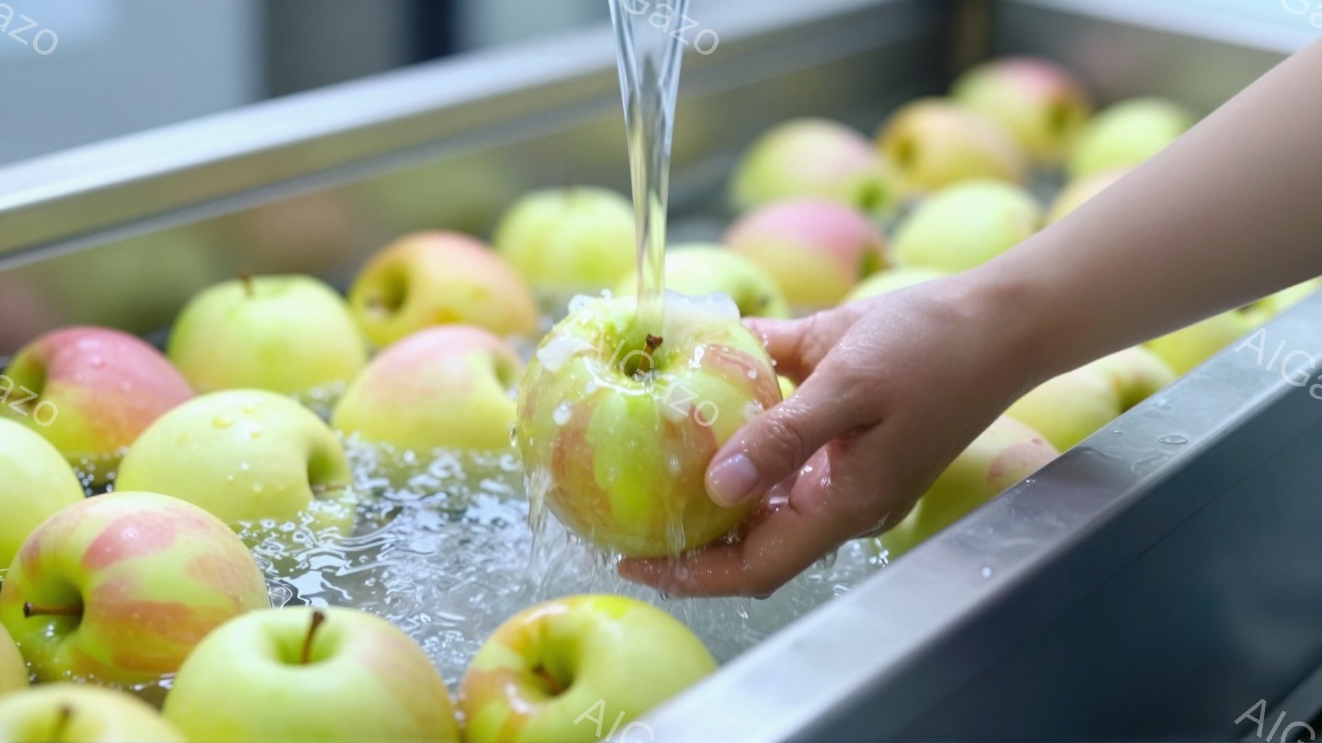 画像には、水が流れる中で、たくさんのリンゴが並んだ金属製のトレイがあり、一人の手がリンゴの一つを握っています。リンゴは赤と黄色のまだら模様で、水滴で濡れています。このシーンは、リンゴの洗浄または選別プロセスの一部であると思われ、全体的に清潔で工業的な雰囲気が漂っています。