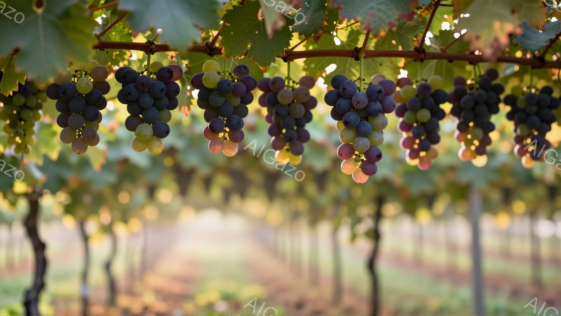 ブドウの房が密集し、緑の葉に囲まれて吊り下げられている様子が捉えられています。背景には、ぼやけたブドウ畑が広がり、夕日のような柔らかな光が差し込んでいます。全体的に、穏やかで豊かな収穫の季節を感じさせ - AI生成フリー素材