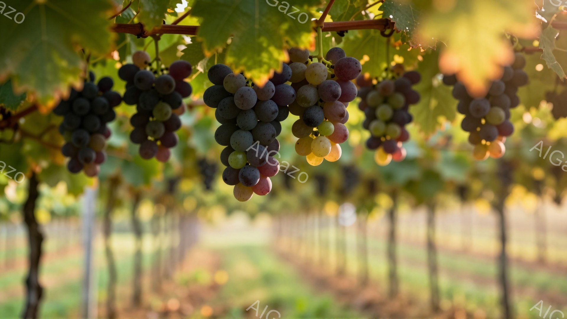 濃い紫から緑がかった黄色まで、様々な色のブドウが房になってぶら下がっている様子が捉えられています。背景には緑豊かなブドウ畑が広がり、行間には光が差し込み、暖かい雰囲気を醸し出しています。ブドウの葉も鮮 - AI生成フリー素材