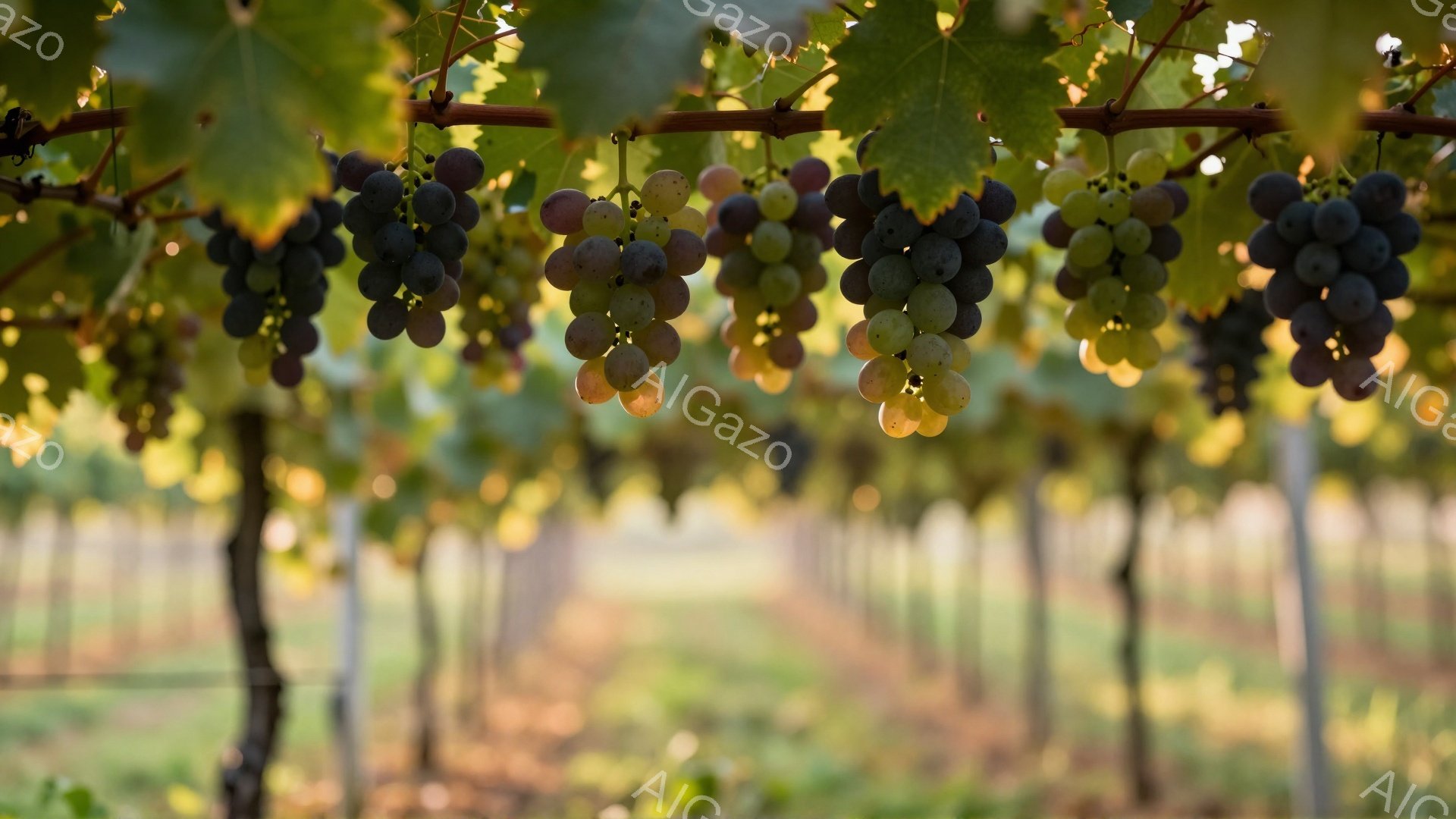 葡萄の房が、緑と紫の色調で密集してぶどう棚にぶら下がっている様子が捉えられています。背景には、遠くまで続くぶどう畑の列が見え、暖かく穏やかな光が差し込んでいます。この画像は、豊かな自然と収穫の喜びを感 - AI生成フリー素材