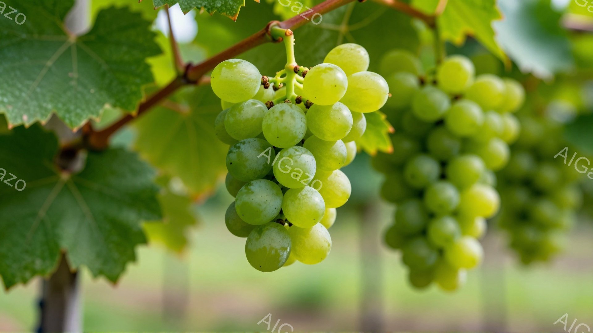 鮮やかな緑色のブドウの房が、緑の葉に囲まれて枝にぶら下がっている。ブドウは丸く、表面には白い粉が薄く付着しているように見える。背景はぼやけており、明るい緑の植物と遠くに見える木々がわずかに見える、穏や - AI生成フリー素材