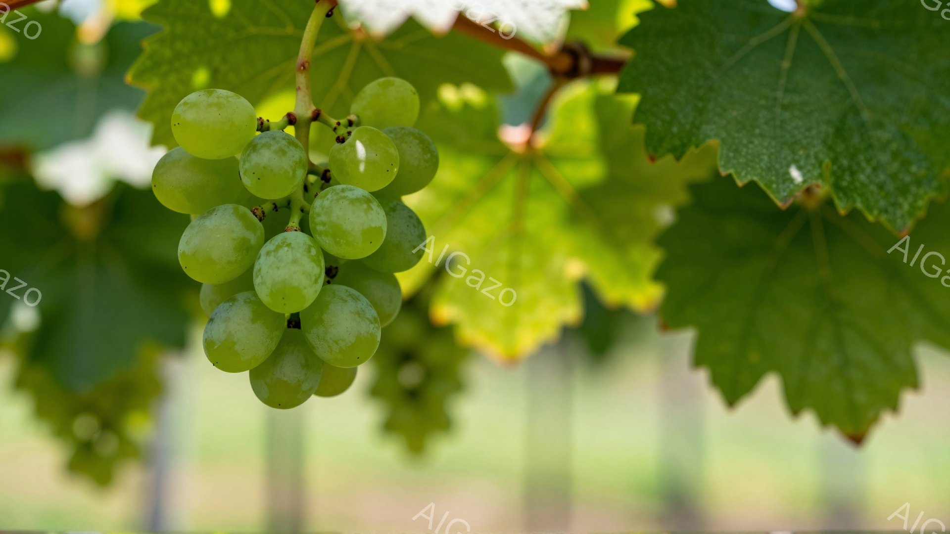 鮮やかな緑色のブドウの房が、濃い緑色の葉に囲まれて写っている。ブドウは瑞々しく、葉脈がはっきりとしており、背景にはぼやけた緑色の畑や並木道が広がり、穏やかな夏の日の光が差し込んでいる。全体的に、自然の - AI生成フリー素材