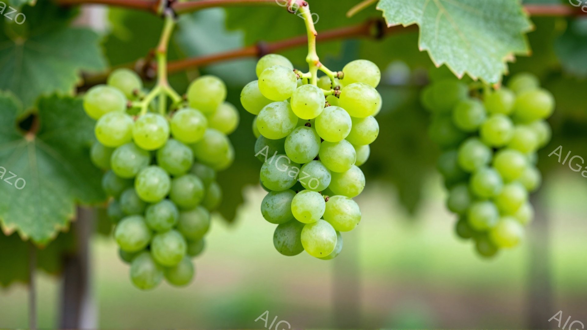 鮮やかな緑色のぶどうの房が、枝に実っています。葉っぱも緑豊かで、背景はぼやけた緑色の風景が広がっており、穏やかで自然な雰囲気です。光が柔らかく差し込み、ぶどうの瑞々しさを引き立てています。 - AI生成フリー素材