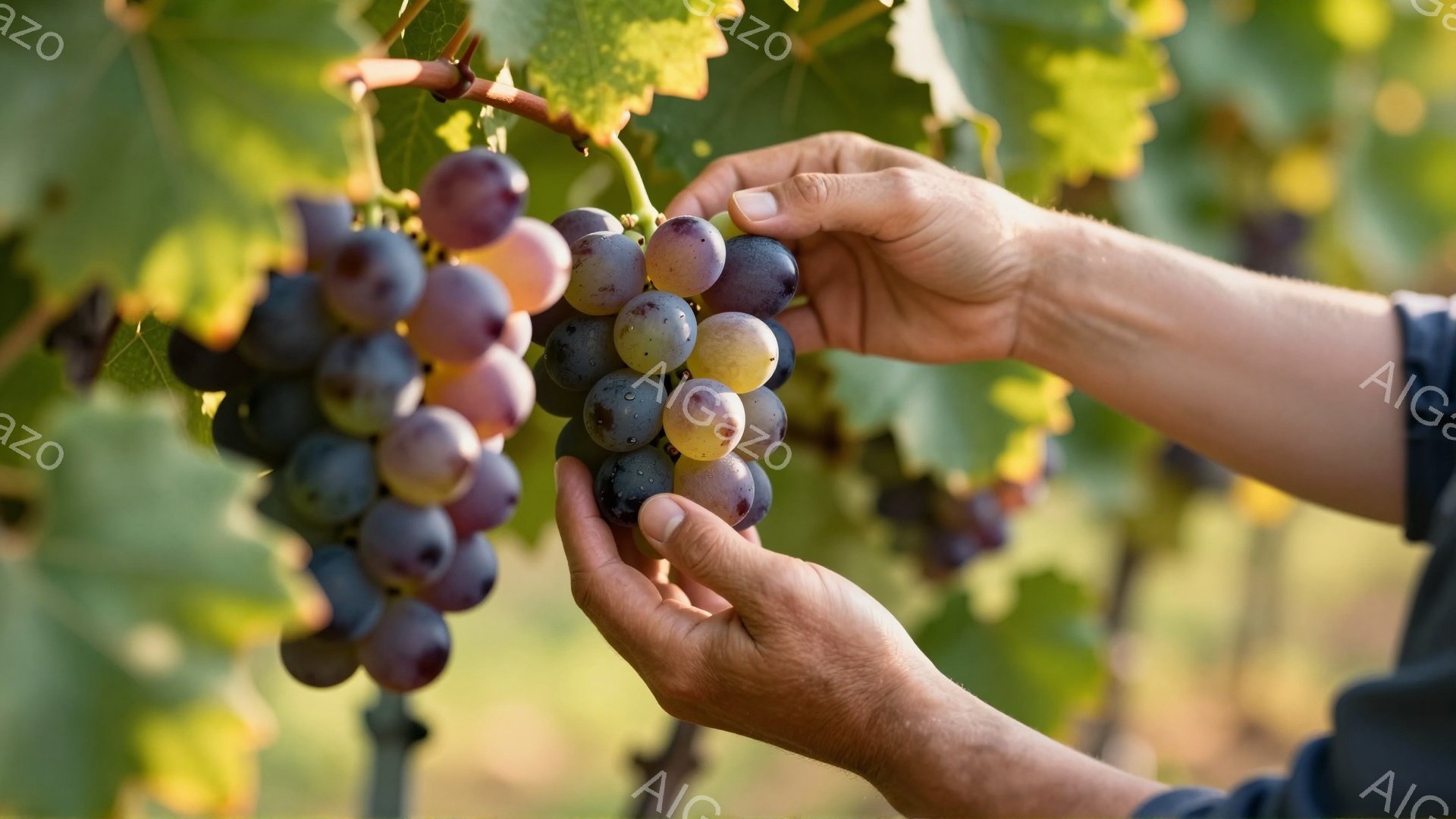 鮮やかな紫色のぶどうの房が、しわがれた手のひらで優しく抱えられている。背景には緑豊かなぶどうの葉が広がり、遠くにはぼやけた自然の風景が見える。全体的に、豊穣な収穫と自然の恵みを享受する、穏やかで温かい - AI生成フリー素材