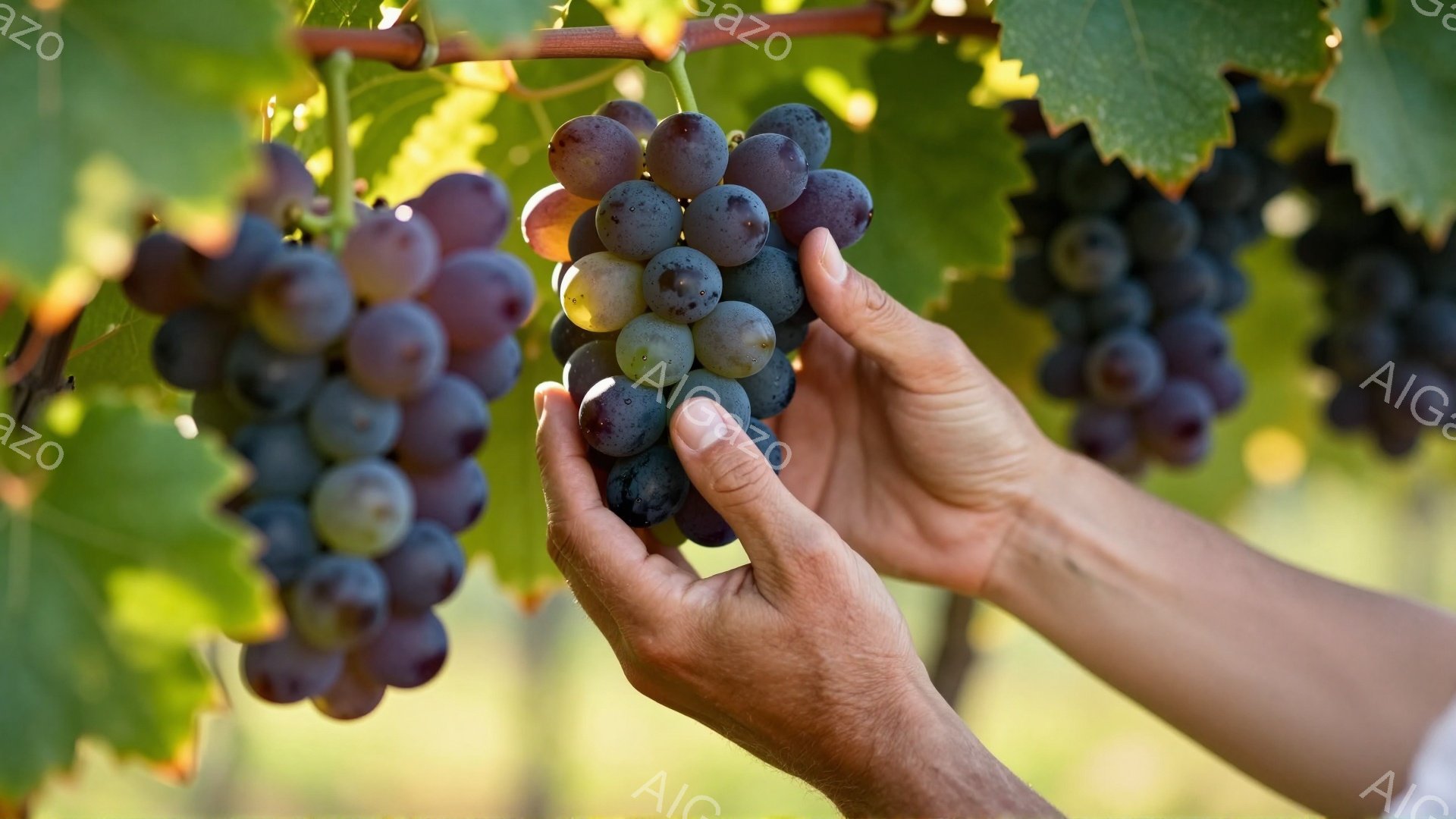 手のひらで紫色のブドウの一房を抱える男性の姿が写っています。背景には緑の葉が生い茂り、ブドウ畑が広がっている様子が伺えます。全体的に穏やかで、ブドウの収穫を連想させる温かい雰囲気です。 - AI生成フリー素材