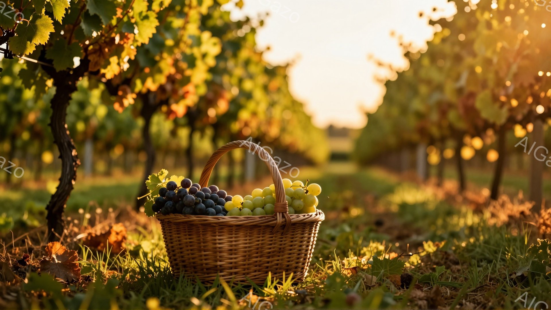 籠の中に、紫色のブドウと緑色のブドウが混ざって入っており、それが緑豊かな草の上に置かれています。背景には、ブドウ畑が広がり、夕日のような暖かい光が差し込み、穏やかで平和な雰囲気を醸し出しています。秋の収穫を思わせる、豊かさと自然の美しさが感じられる光景です。