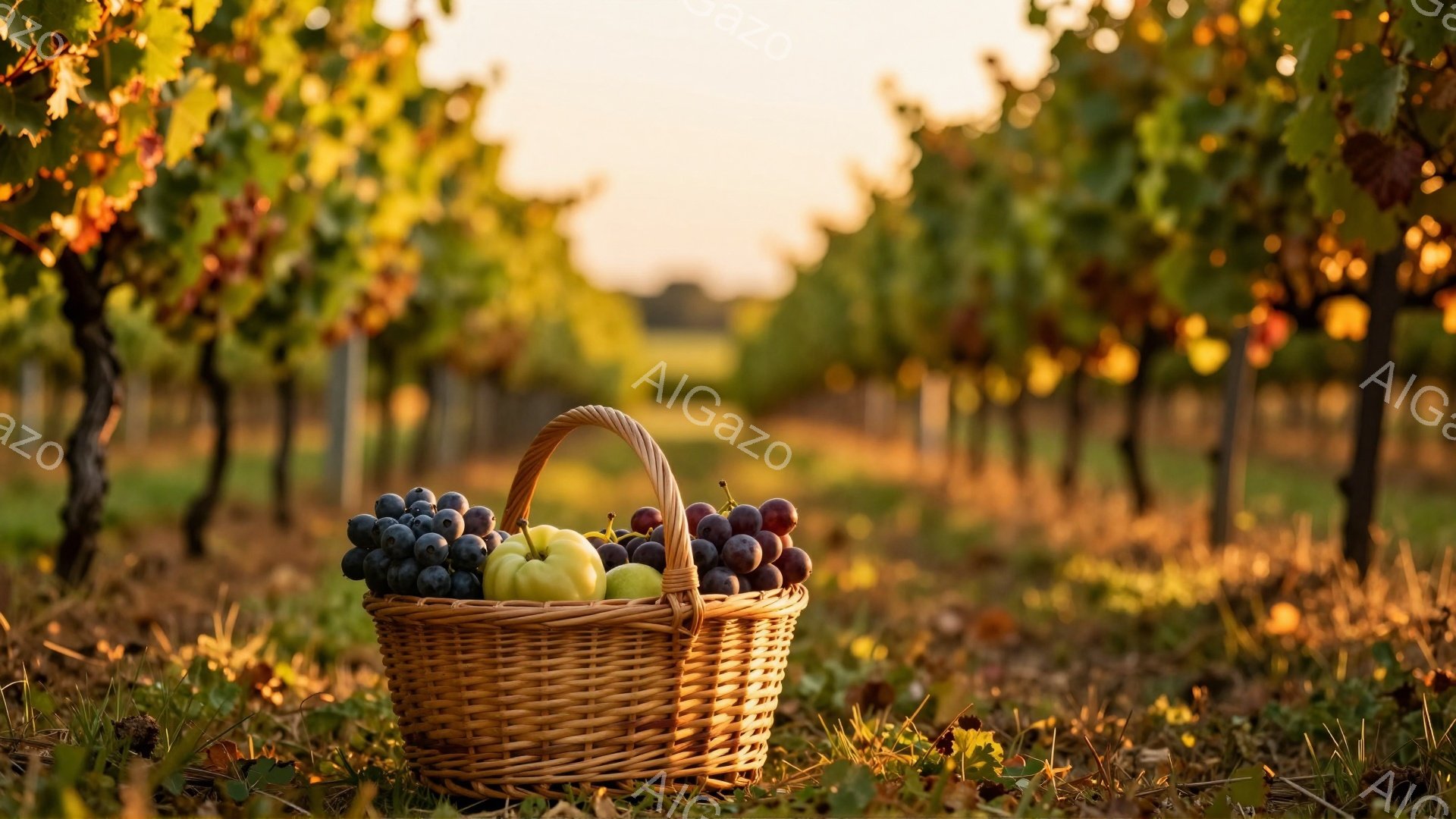 籠の中に紫色のぶどうと緑色のリンゴが盛られています。背景には、秋らしい黄色の葉が茂ったブドウ畑が広がり、夕日の光が差し込んでいます。全体的に穏やかで、収穫の喜びを感じさせる雰囲気です。 - AI生成フリー素材
