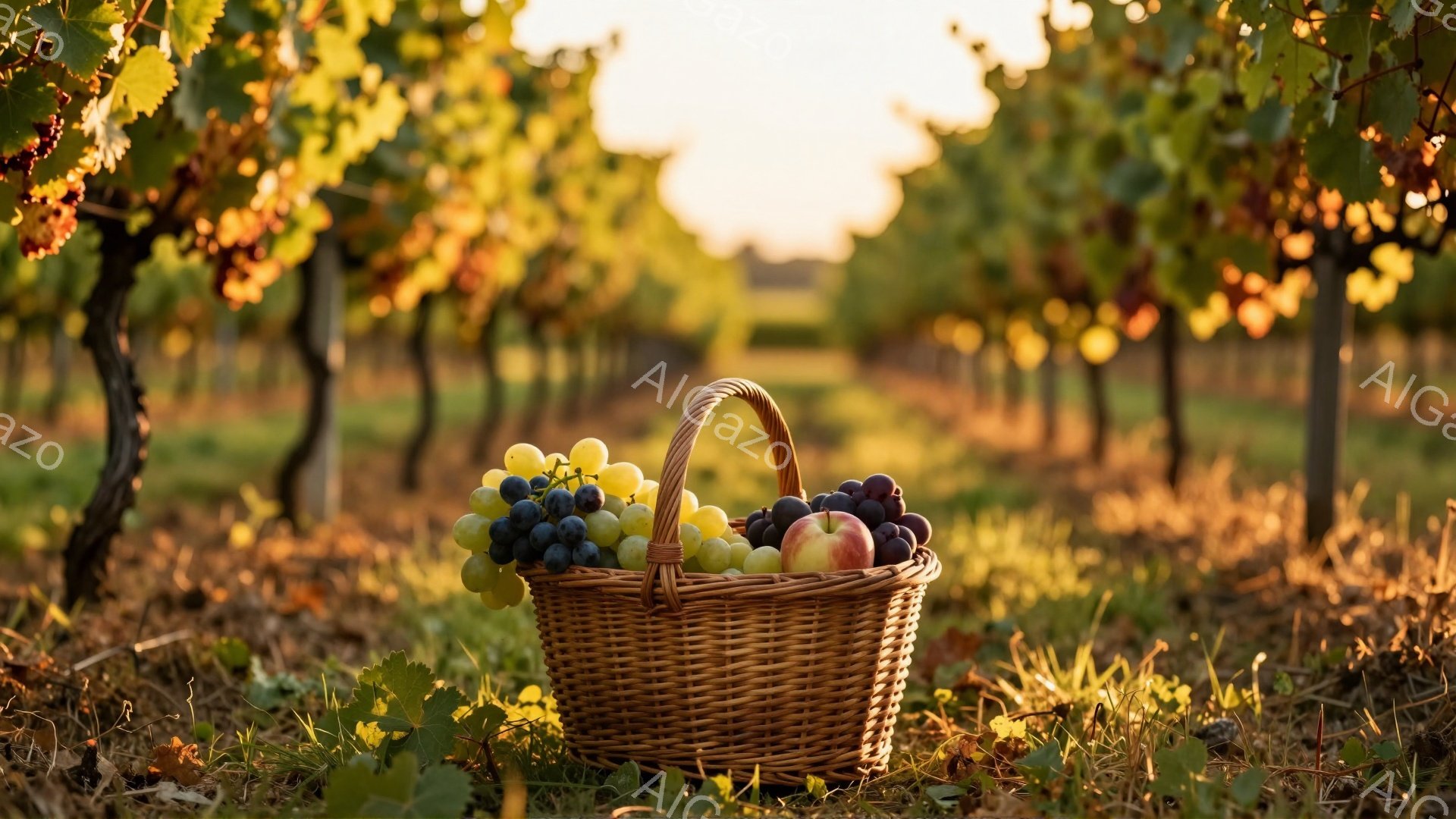 籠の中に、緑と紫のぶどう、そして赤いリンゴが盛られています。背景はブドウ畑で、秋の夕日のような暖かい光が差し込み、葉っぱが金色に輝いています。全体的に穏やかで、収穫の喜びを感じさせる雰囲気です。 - AI生成フリー素材