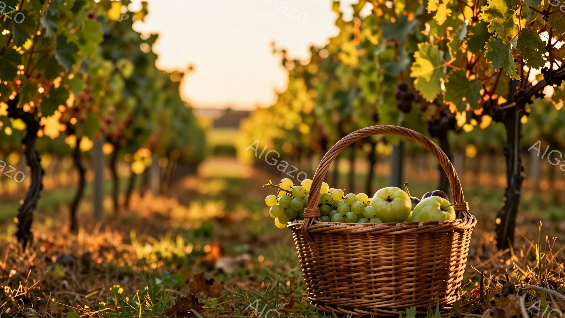 ぶどう畑の中で、収穫された緑色のぶどうが籠に一杯に盛られています。背景には緑豊かなブドウの木々が広がり、夕暮れ時の暖かな光が差し込んでいます。全体的に、穏やかで豊かな秋の収穫の雰囲気が漂っています。 - AI生成フリー素材