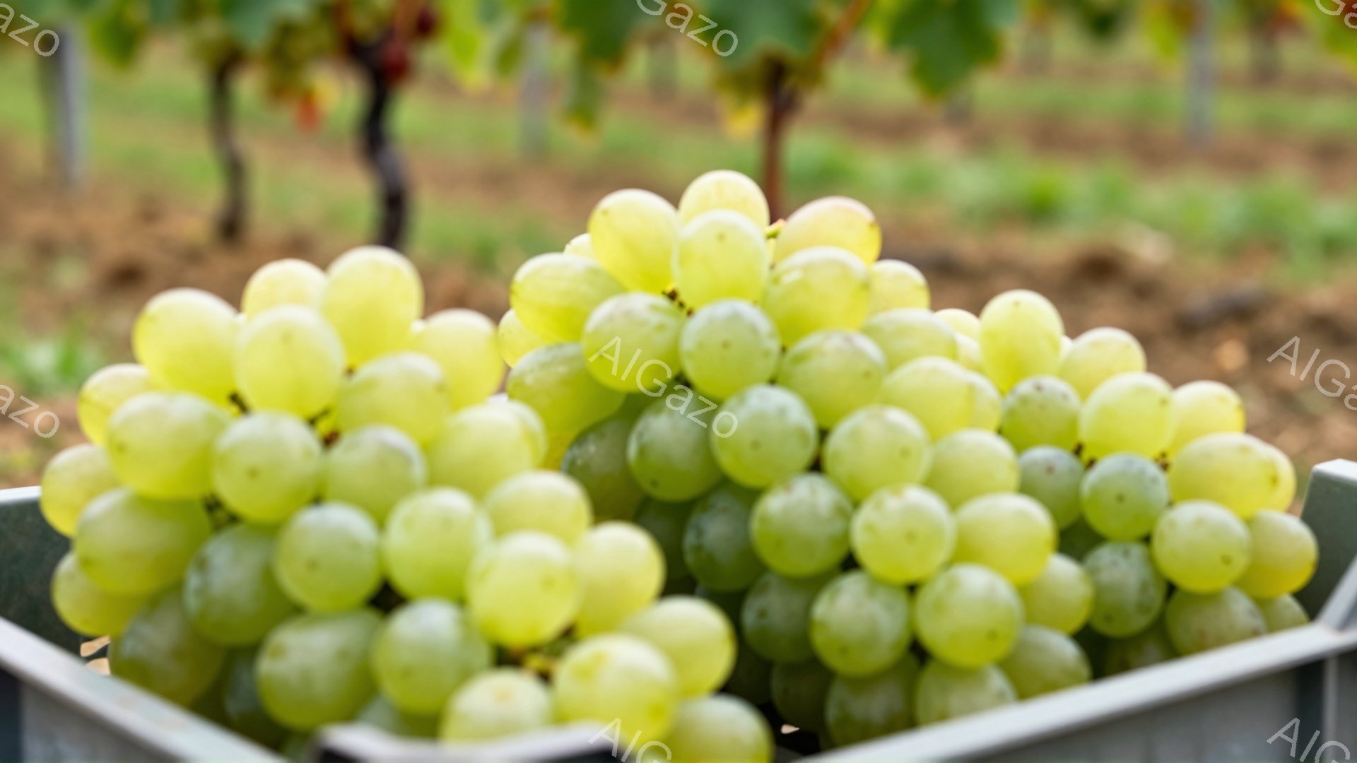 灰色のプラスチックケースに、緑色のぶどうがぎっしりと詰まっています。ぶどうは丸く、みずみずしい光沢があり、たわわに実っている様子が伝わってきます。背景には緑の葉とブドウ畑が広がり、収穫の秋の雰囲気が漂っています。