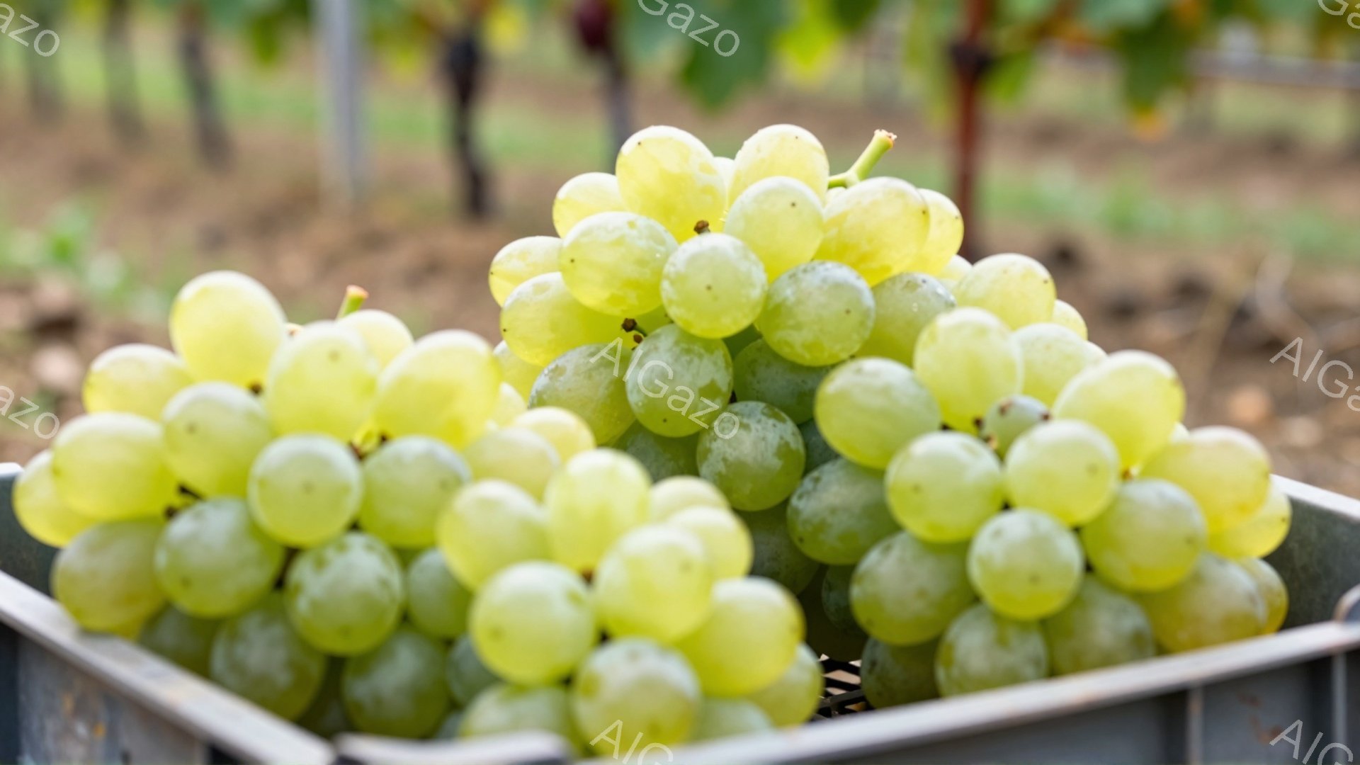 グレープの房がプラスチック製の箱にたっぷり詰まっています。ブドウは淡い緑色で、瑞々しく、収穫されたばかりの新鮮さが感じられます。背景には緑豊かなブドウ畑が広がり、晴れた日の穏やかな収穫の様子を表しています。