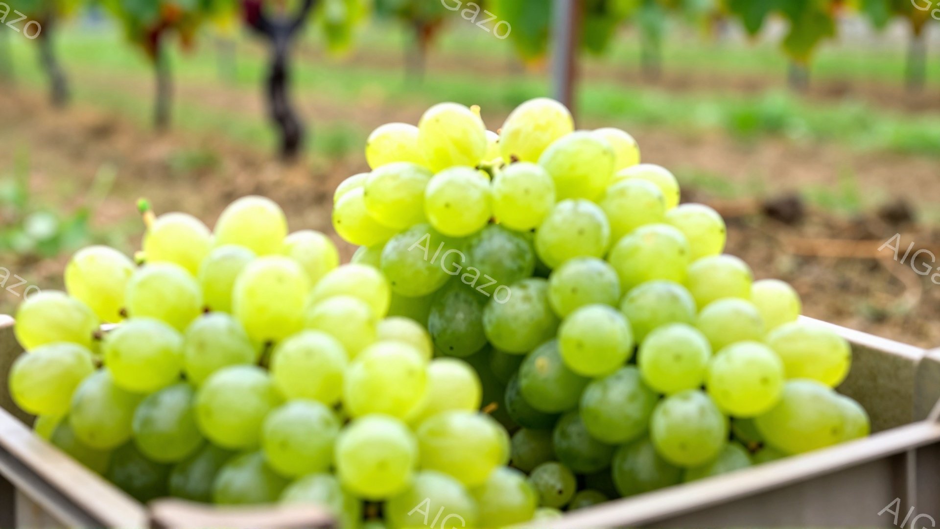 鮮やかな緑色のぶどうが、灰色のプラスチック製ケースに山積みにされています。背景には、緑豊かなブドウ畑が広がり、植物が生い茂っている様子が伺えます。全体的に、収穫されたばかりのぶどうの瑞々しさや、自然の - AI生成フリー素材