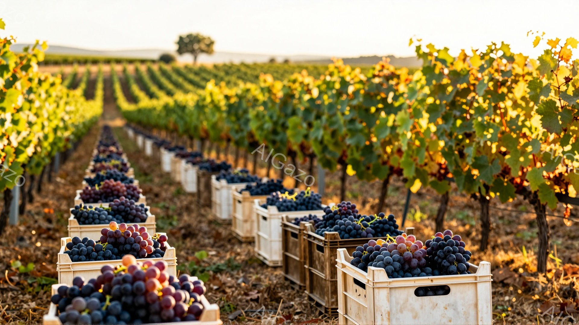 葡萄畑に沿って、収穫されたばかりのブドウが詰まった木箱が整然と並べられている様子が写っている。夕暮れ時の柔らかな光がブドウの房や葉を照らし、暖かく穏やかな雰囲気を醸し出している。遠景には緑豊かな丘と、 - AI生成フリー素材