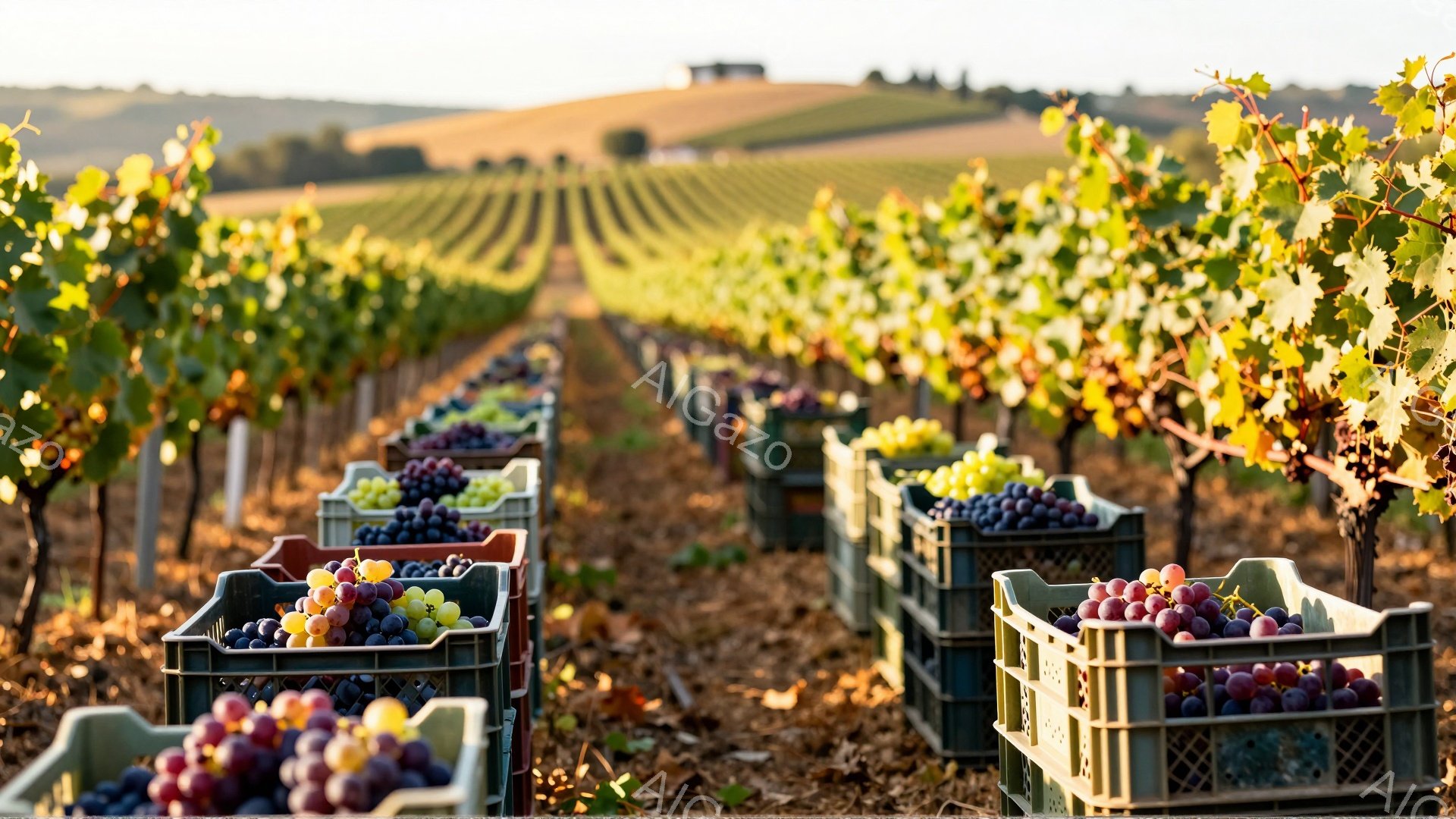 葡萄畑の中を、収穫されたブドウが並んだ緑色のプラスチックの箱が連なっている様子が写っている。遠景には、緩やかな丘陵地帯が広がり、秋らしい穏やかな日差しが畑を照らしている。収穫されたばかりのブドウは赤や紫、黄色など色とりどりで、豊かな実りの秋を象徴している。