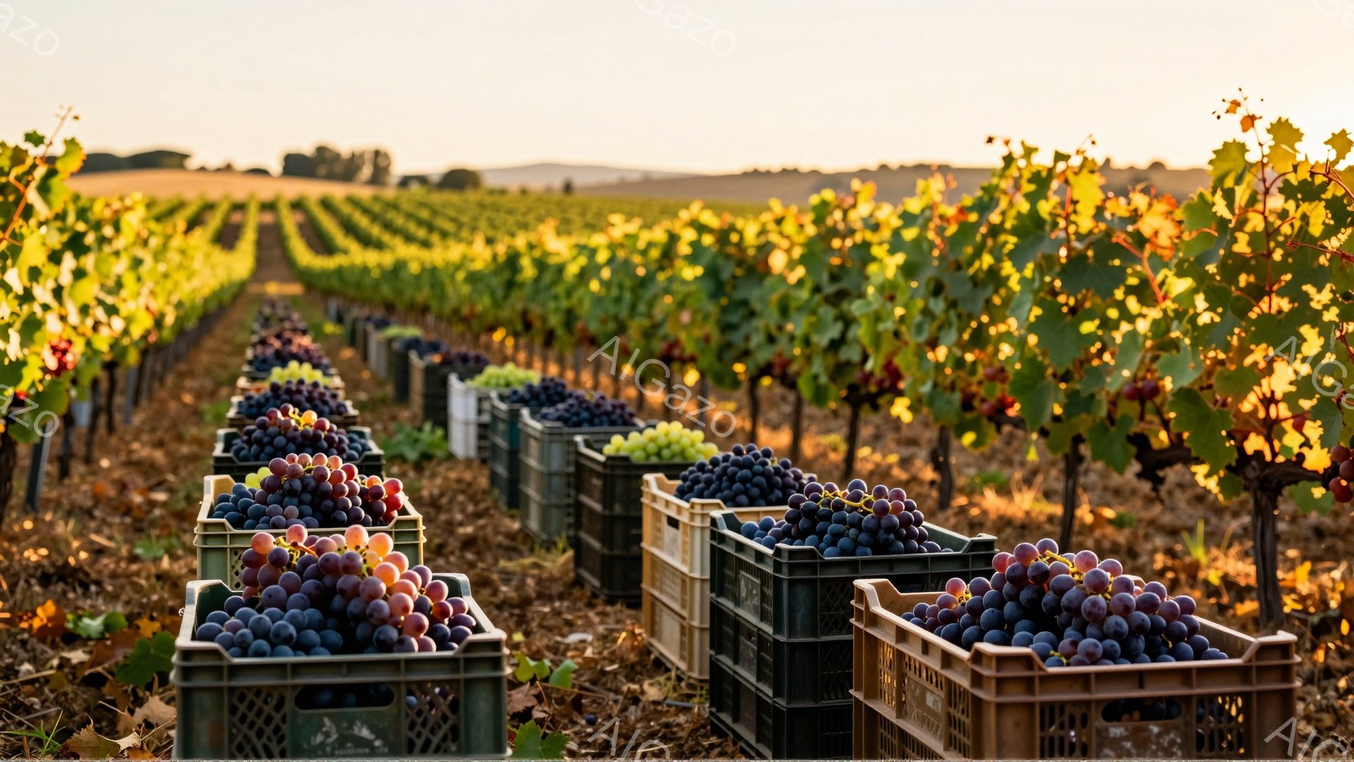 葡萄畑の間に整然と並べられた緑色のプラスチック製の箱が、収穫されたばかりの紫と緑色のぶどうで満たされている。背景には、秋の夕日に照らされた緑豊かなブドウの木々と、遠くに見える丘陵地帯が広がっている。全体的に、収穫の喜びと豊穣な自然の恵みが感じられる、穏やかで暖かな雰囲気の画像である。