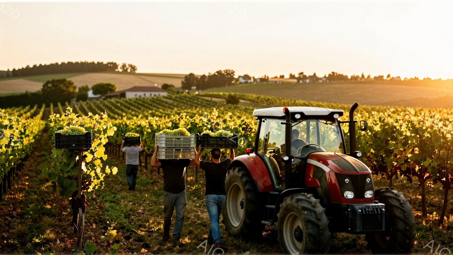 広大なブドウ畑で、二人の男性が収穫されたブドウが入った箱を運び、一台の赤いトラクターが畑を横切っている。男性たちは黒いTシャツを着ており、後ろ姿からは真剣な作業に取り組んでいる様子が窺える。背景には緑豊かな丘と、夕焼けに照らされた黄金色のブドウ畑が広がり、穏やかで平和な雰囲気が漂っている。