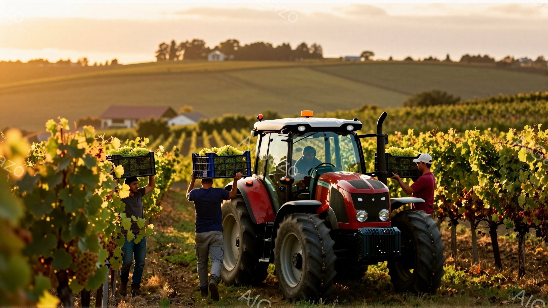 広大なブドウ畑で、作業員たちが収穫されたブドウを箱に詰めて運んでいます。彼らはカジュアルな服装で、キャップを被り、集中した表情で作業に取り組んでいます。背景には緑豊かな丘陵地帯と、遠くに見える建物が広がっており、夕暮れ時の穏やかな光が全体を照らしています。