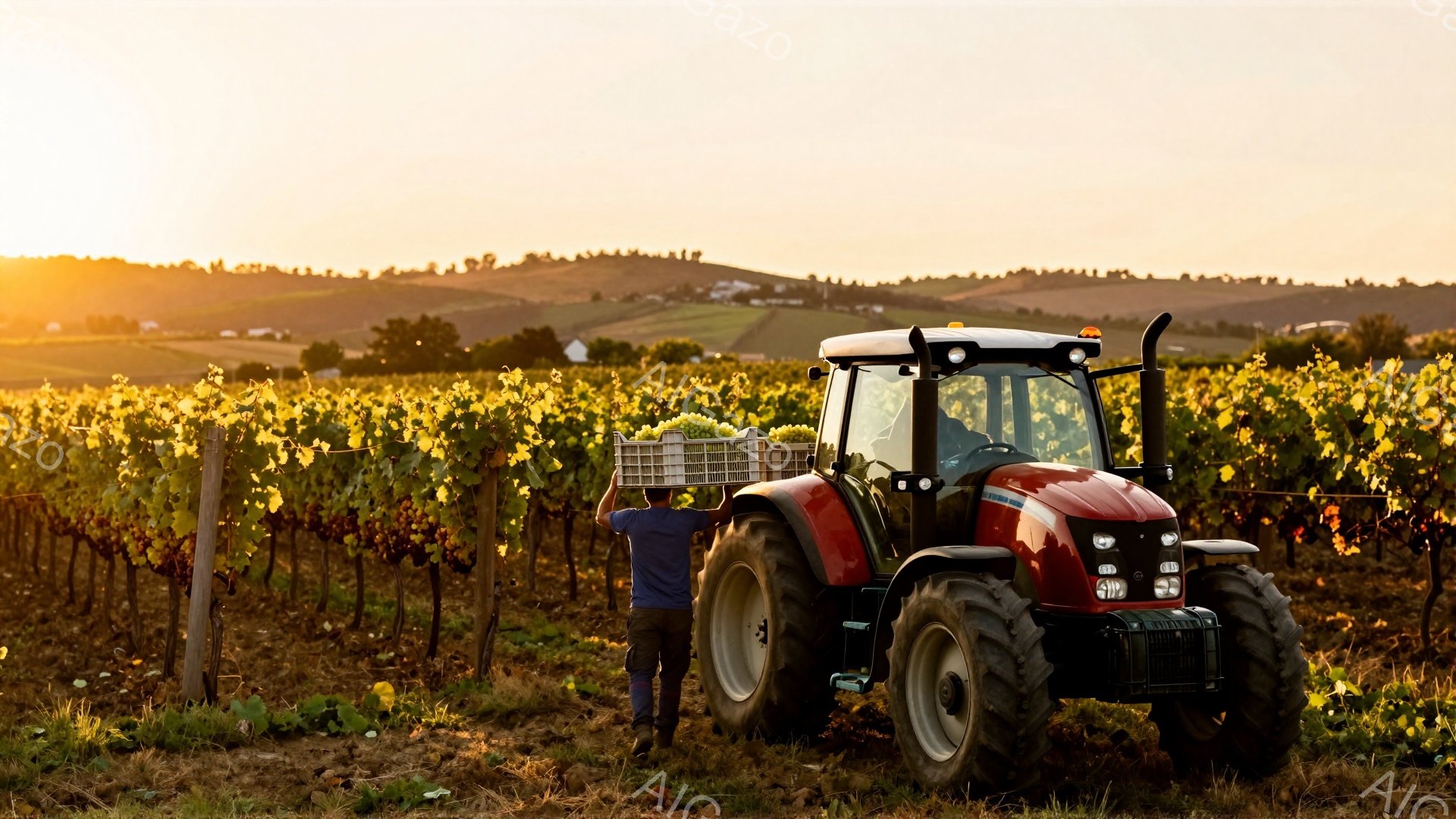 広大なブドウ畑で、オレンジ色の作業着を着た男性が、収穫されたブドウを入れた木製の箱を運んでいる。背景には、遠くの丘陵地帯と、夕焼けの暖かい光が広がっており、穏やかで平和な雰囲気を醸し出している。トラクターは赤と黒で、畑の作業の様子を示している。