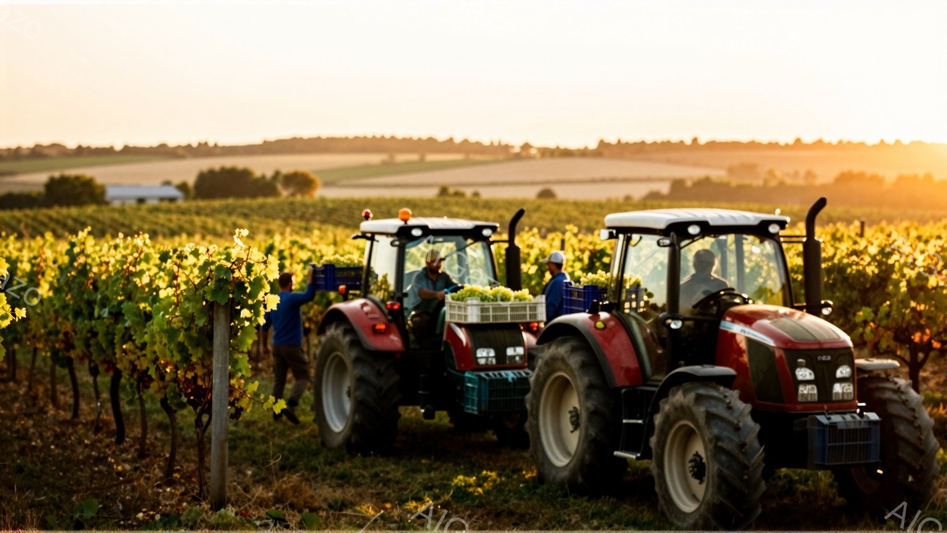 黄金色のブドウ畑の中で、赤いトラクターが並んでいます。作業員たちはカジュアルな服装で、ブドウを収穫した段ボール箱をトラクターに積み込んでいる様子が伺えます。背景には、緑の丘と建物が広がり、夕暮れ時の穏やかで暖かい雰囲気が漂っています。