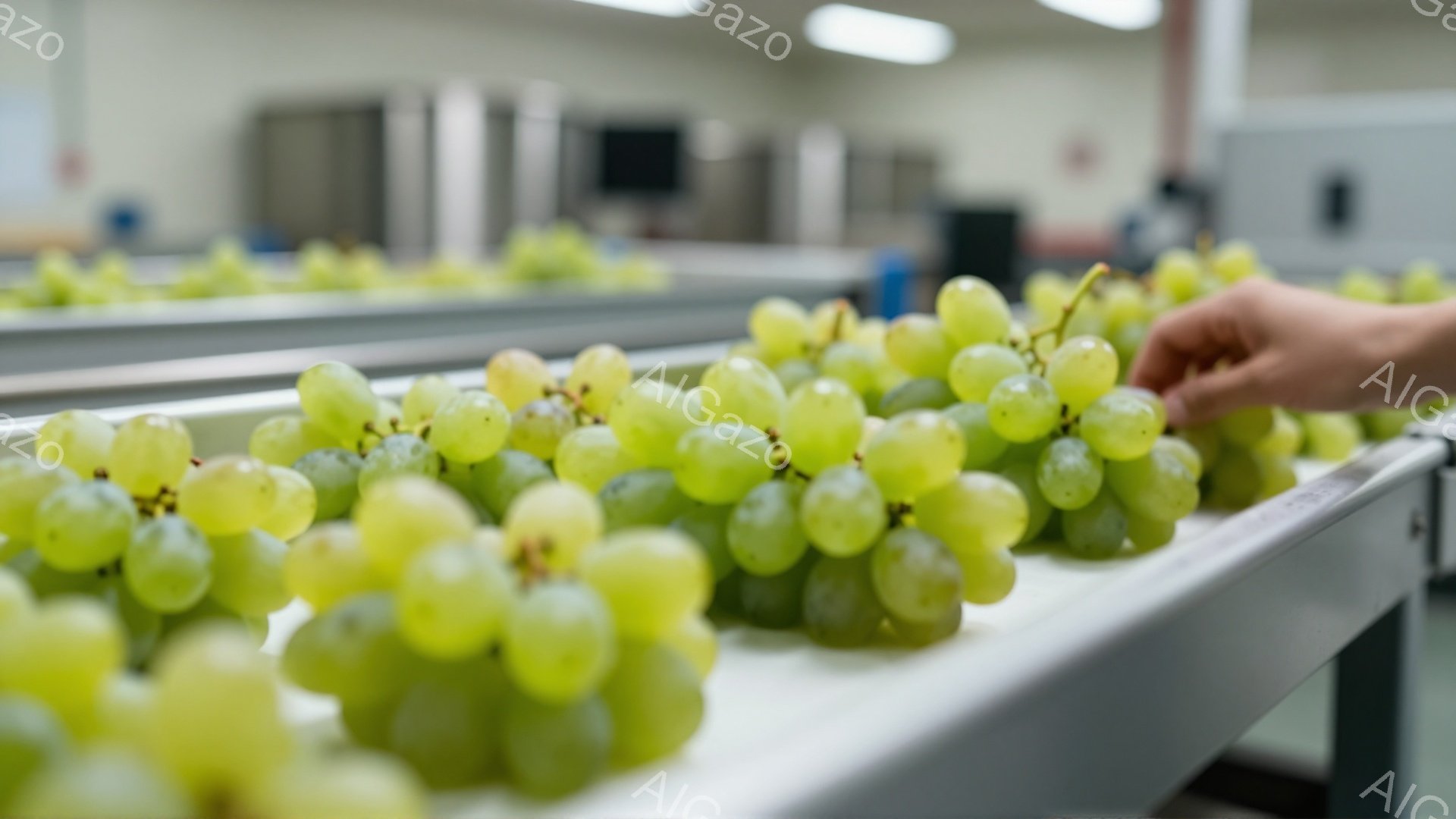 画像には、金属製のコンベヤーベルトに並べられた大量の緑色のブドウが写っています。右側にはブドウを選別している手がわずかに見え、作業員がブドウの品質をチェックしている様子が伺えます。背景は工業的な空間で - AI生成フリー素材