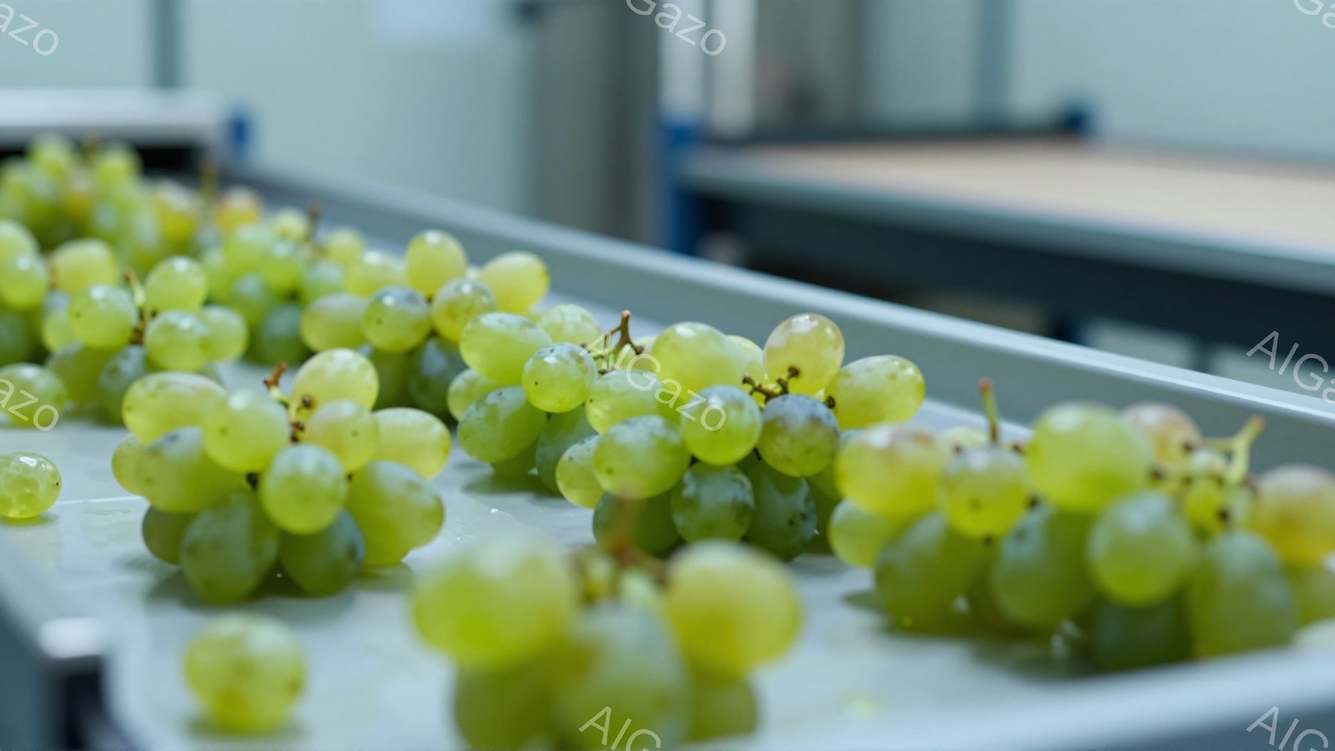 画像には、選別台の上で整然と並べられた緑色のブドウの房が写っています。ブドウは鮮やかでみずみずしく見え、光沢があり、選別や加工の準備段階にあることを示唆しています。背景には金属製の構造物が見え、おそら - AI生成フリー素材