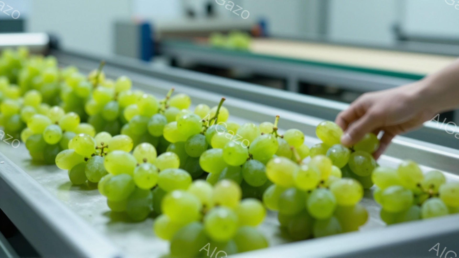 画像には、コンベアベルトの上を流れる緑色のブドウが大量に並んでいます。一人の手がブドウの一房を摘み取ろうとしており、選別作業の様子が伺えます。背景は金属製の機械設備で、衛生的な食品加工施設内の様子を示 - AI生成フリー素材