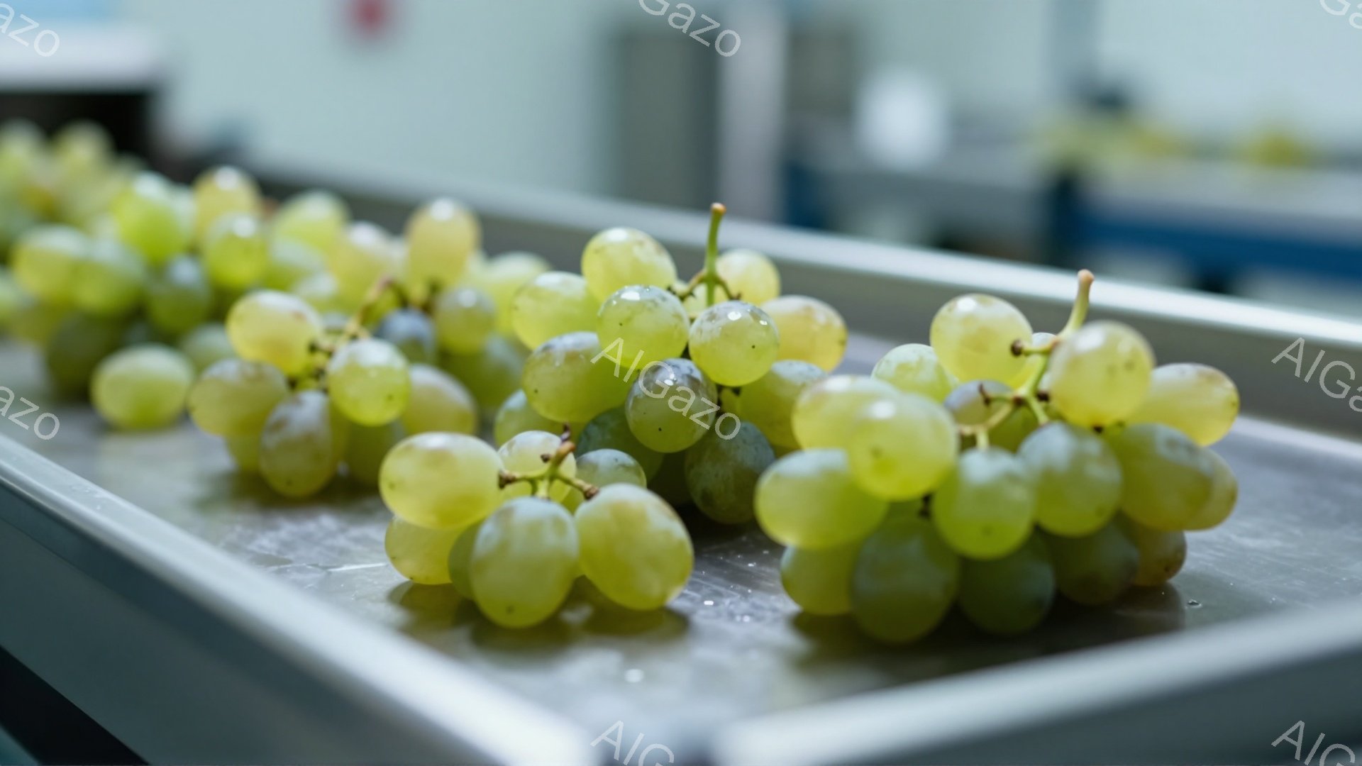 画像には、金属製のトレイに並べられた緑色のブドウが写っています。ブドウは新鮮で瑞々しく、表面には水滴が見られます。背景は不明瞭ですが、工業的なまたは食品加工施設の一部のようにも見えます。