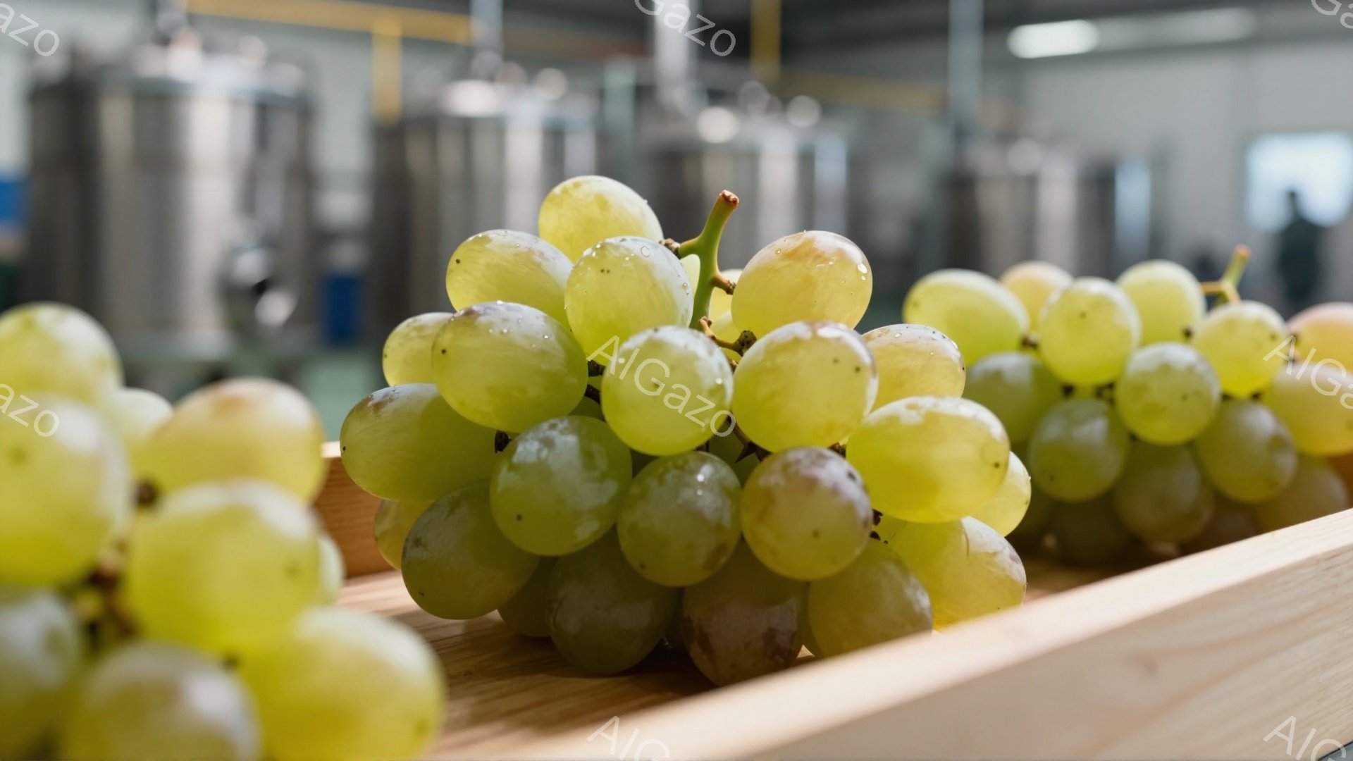 鮮やかな緑色のブドウが木製の台に並べられており、表面には水滴が光っています。背景にはステンレス製のタンクが整然と並び、工業的な空間であることが伺えます。全体的に明るく清潔な印象で、ブドウの瑞々しさが際立っています。