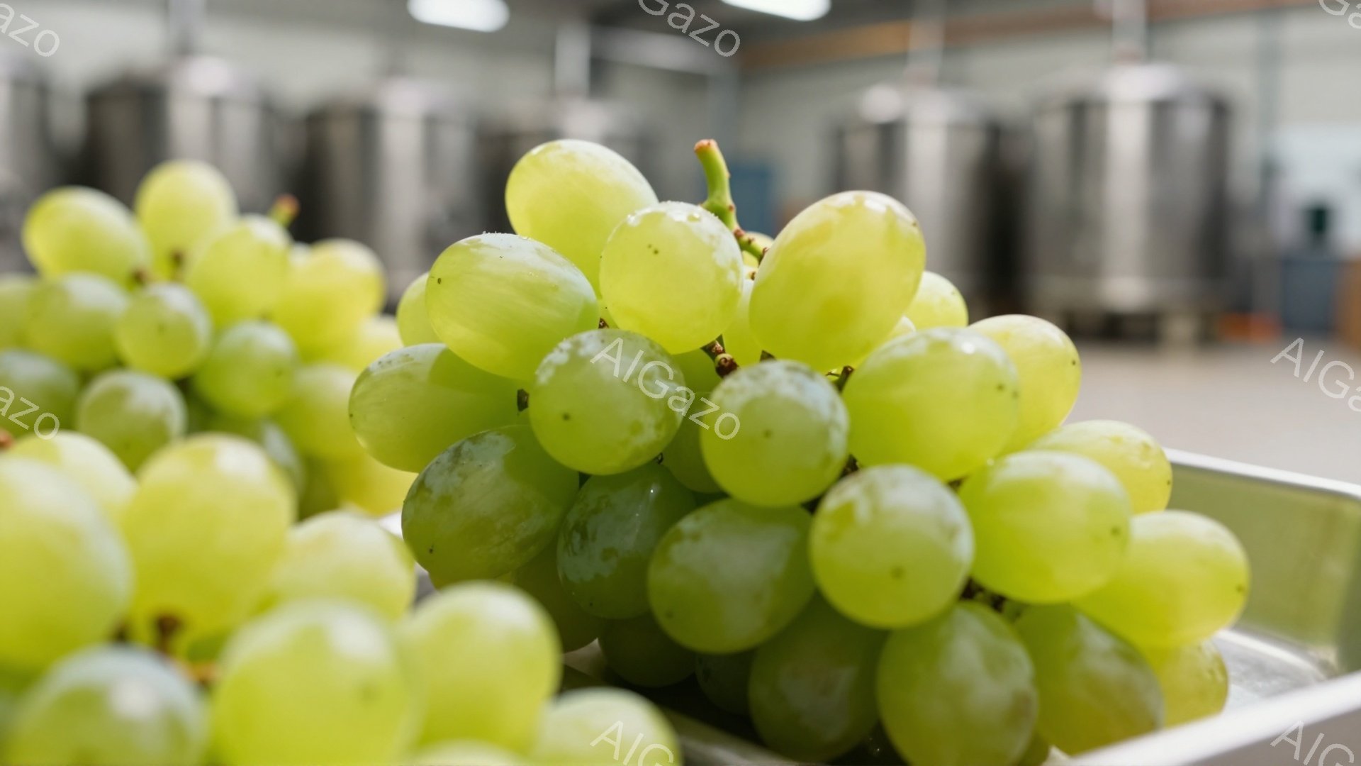 鮮やかな緑色のぶどうが金属製のトレイに山積になっているクローズアップ写真です。ぶどうは瑞々しく、表面には霜のような水滴が見られます。背景にはぼやけた工業的な建物が並び、全体的に清潔で明るい雰囲気が漂っています。