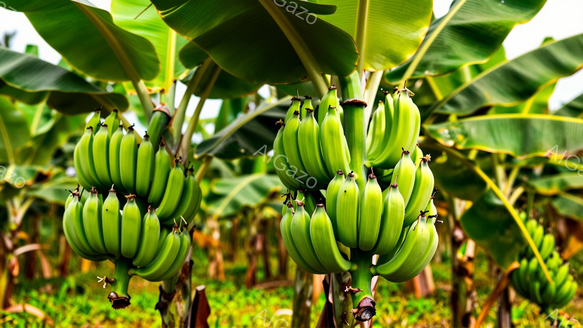 画像は緑豊かなバナナの房が密集してぶら下がっている様子を捉えています。背景にはバナナの葉が生い茂り、青々とした自然が広がっています。全体的に明るく、温暖な気候を感じさせる、生命力あふれる雰囲気です。 - AI生成フリー素材