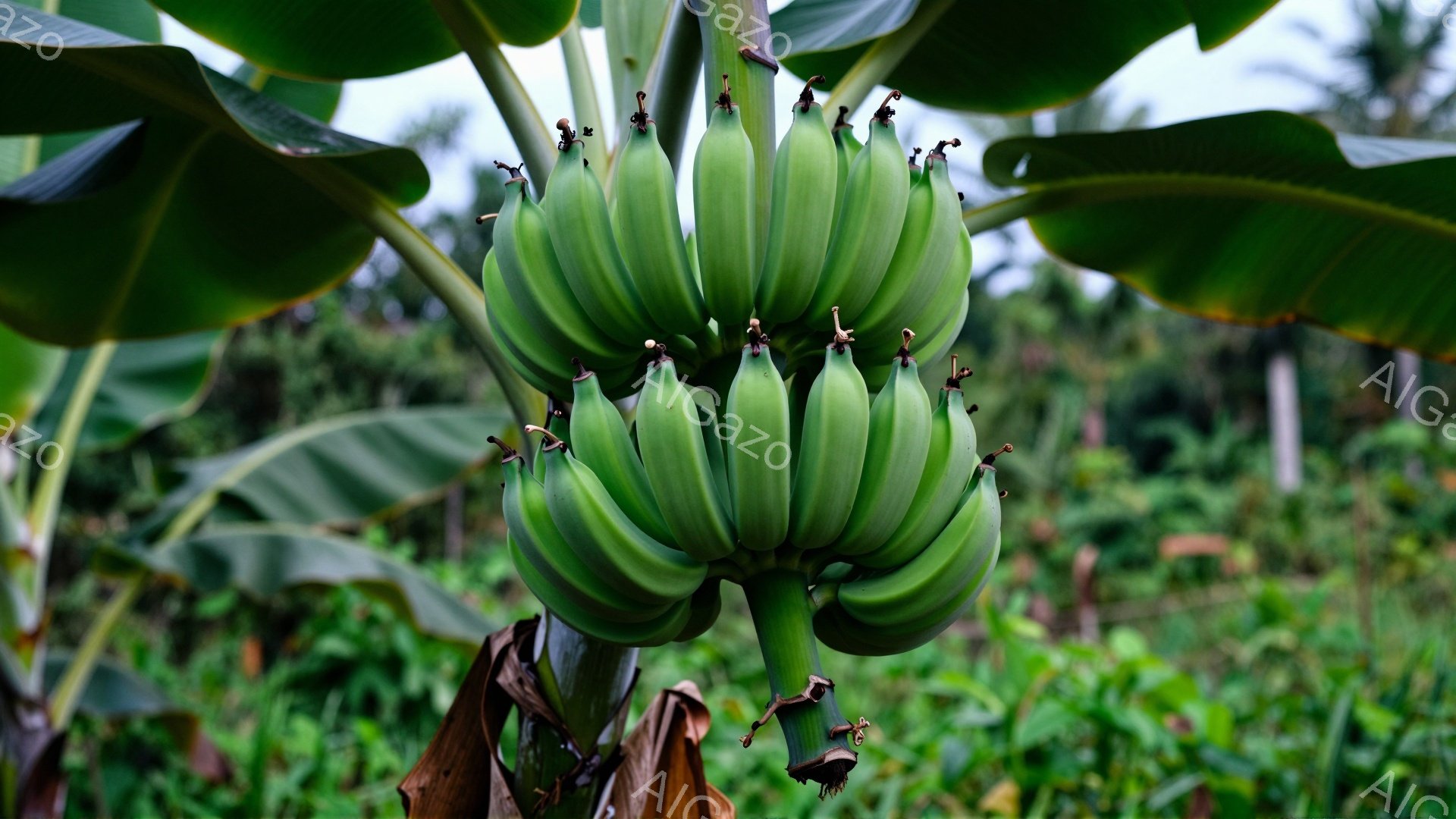 画像は、青い背景の熱帯雨林の中で、房状に実った緑色のバナナを描いています。バナナはまだ熟しておらず、葉に囲まれて自然の中で育っています。全体的に、鮮やかな緑と豊かな自然が感じられる、活気のある光景です。
