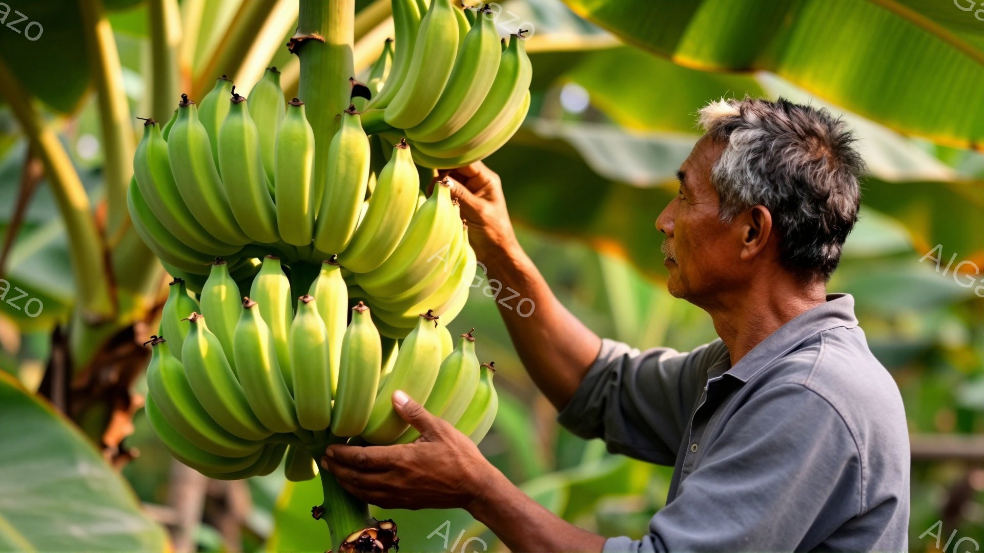 画像には、緑色のバナナの房を調べている年配の男性が写っています。彼はグレーがかったブルーのシャツを着ており、短く刈り込まれた白髪が特徴です。背景には緑豊かなバナナの葉が生い茂り、明るい日差しが差し込み、穏やかで暖かい雰囲気を醸し出しています。