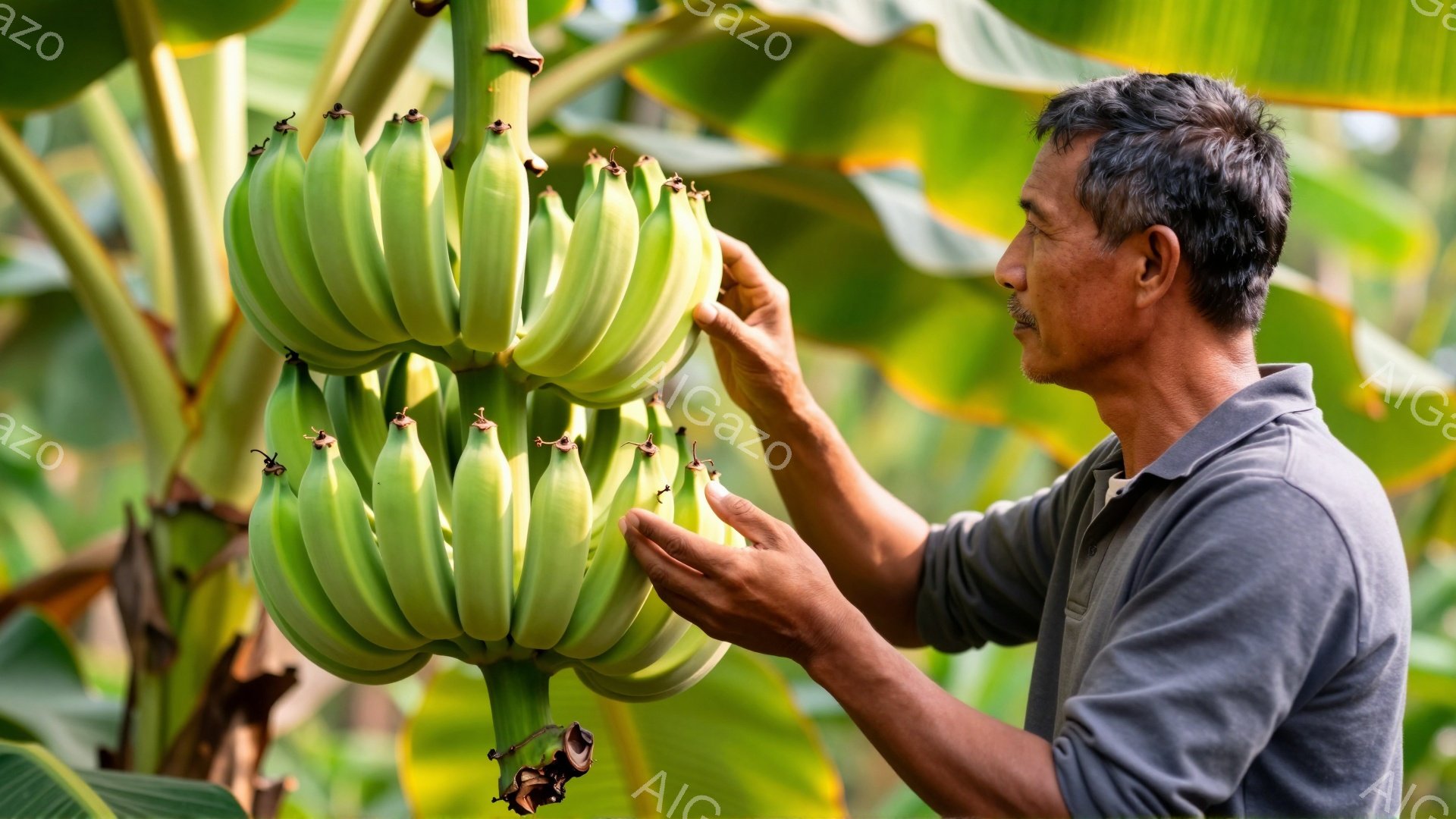 緑豊かなバナナ畑で、男性が手にバナナの房を持っている。彼は灰色のシャツを着ており、短く刈り込まれた白い髪と、わずかに微笑んだ表情をしている。背景にはバナナの葉が生い茂り、日差しが柔らかく差し込み、穏やかな雰囲気を醸し出している。