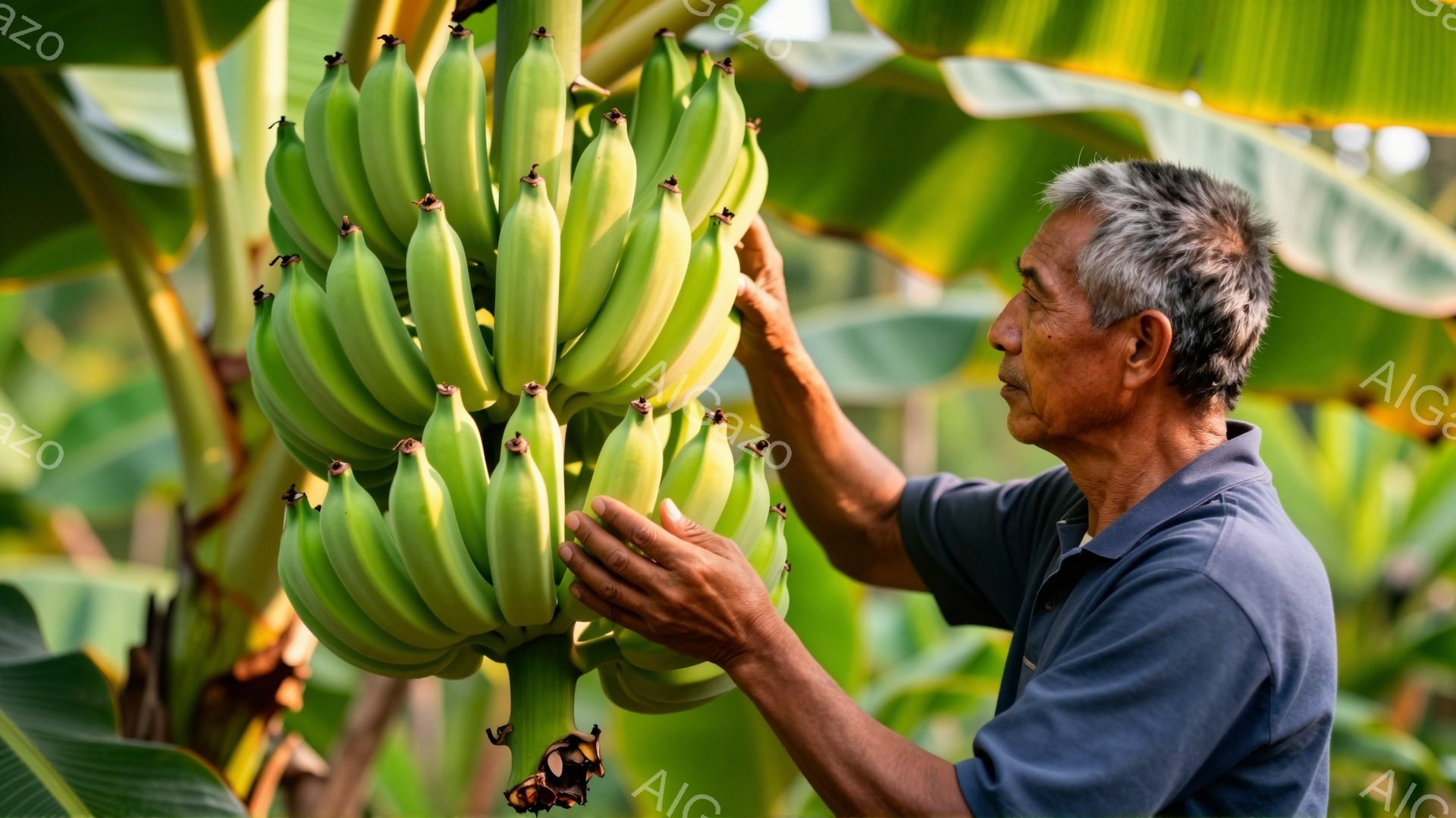 年配の男性が緑色のバナナの房を手に持っています。彼は濃い青色のシャツを着ており、白髪交じりの髪型で、穏やかな表情をしています。背景にはバナナの葉が生い茂り、自然豊かな様子がうかがえます。