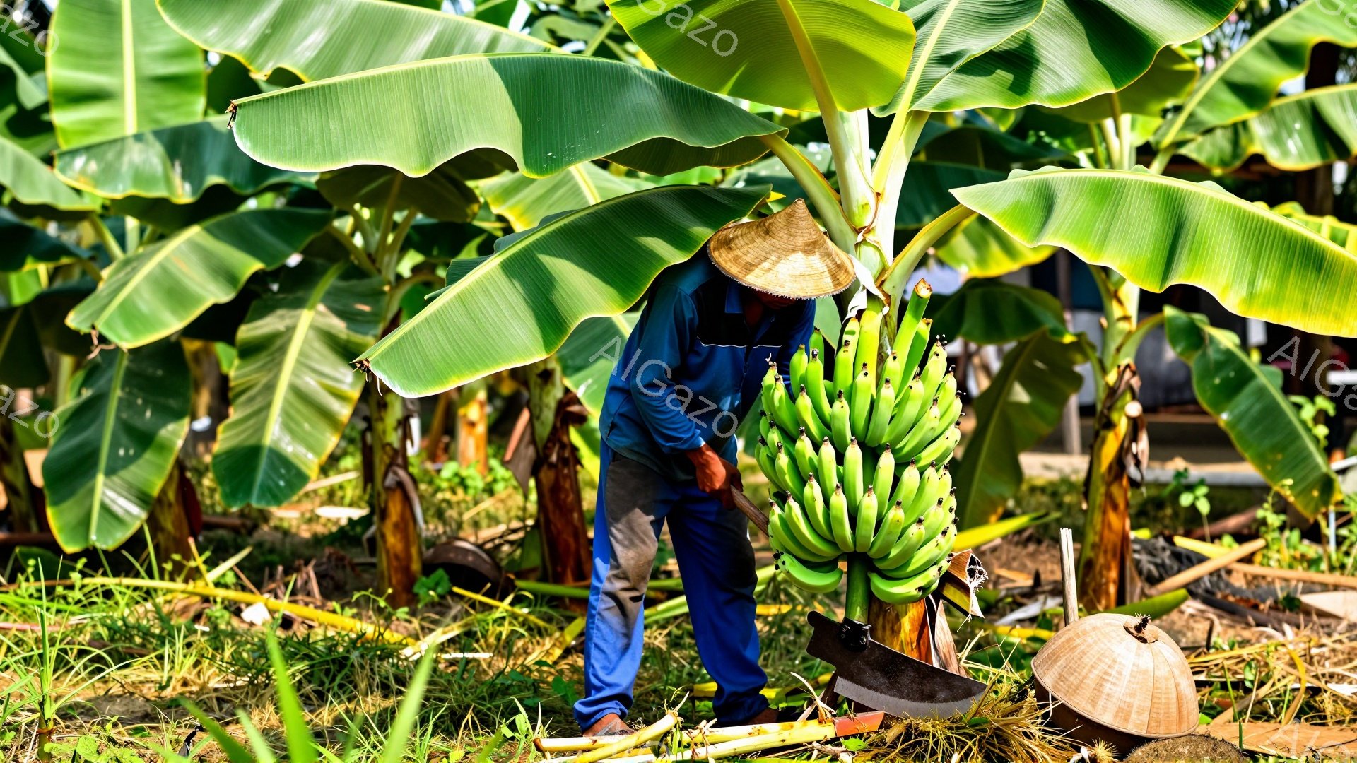 画像には、麦わら帽子をかぶり、青い作業着を着た男性がバナナの木の下で作業している様子が写っています。彼は身をかがめてバナナの房を確認し、足元には鎌のような農具が置かれています。背景には緑豊かなバナナの葉が生い茂り、ぼんやりと建物が見え、日差しが強く暖かい雰囲気が伝わってきます。