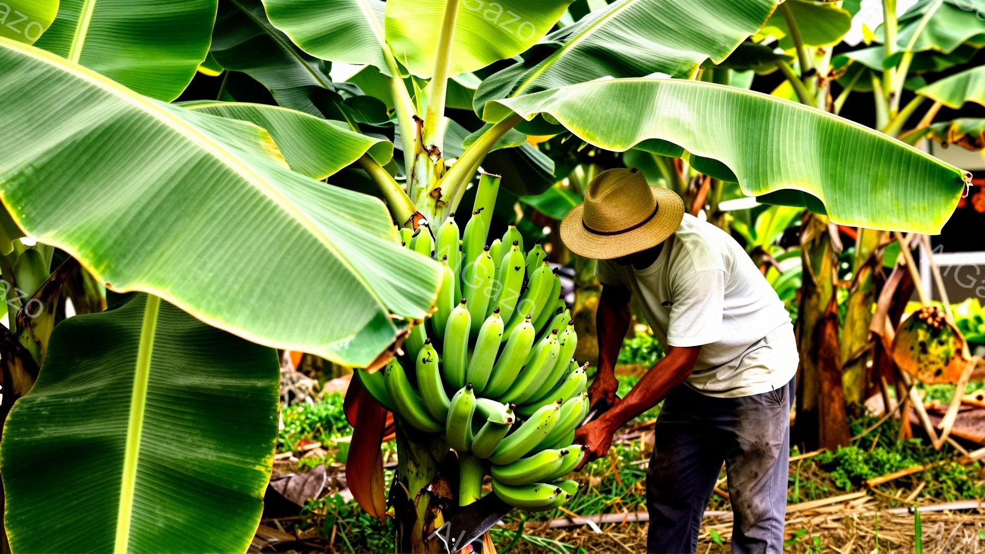 緑豊かなバナナの葉に囲まれ、麦わら帽子を被った男性が、たわわに実ったバナナの房を収穫している。彼は白いシャツと茶色のズボンを着用し、バナナの茎に身をかがめて作業に取り組んでいる。背景には、その他のバナナの木々と、わずかに見える建物があり、全体的に温暖な気候の農園の様子が伝わる。