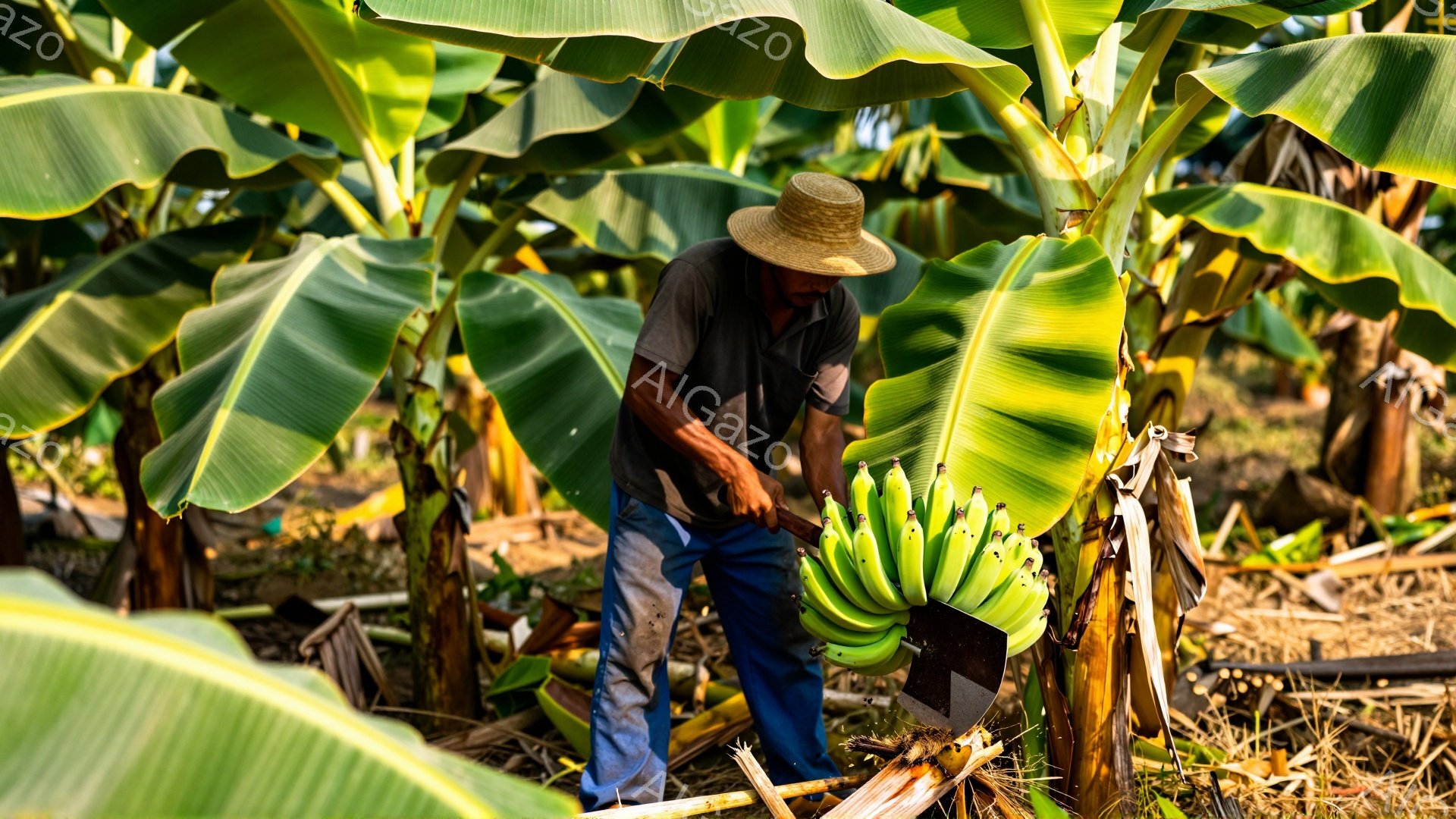麦わら帽子と濃い青色のズボンを着用した男性が、バナナの木からバナナを収穫している様子が写っている。彼は少し身をかがめており、バナナの房に届くためにナイフのような道具を使用している。背景には緑豊かなバナナの葉が生い茂り、農園の一角で太陽光が差し込む暖かい雰囲気が伝わってくる。