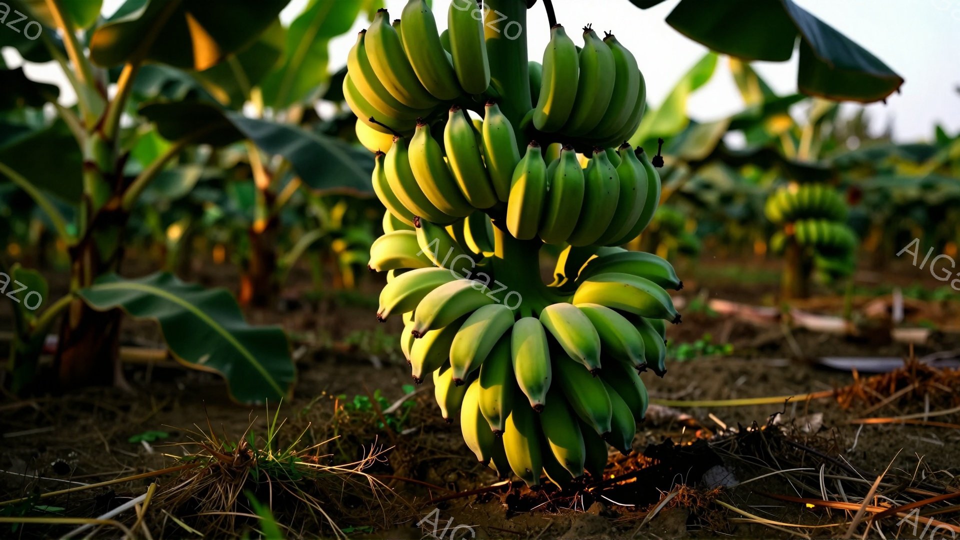 鮮やかな緑色のバナナの房が、茶色い土と緑の葉に囲まれた畑で力強く育っています。背景には、バナナの木が密集し、日の光が差し込み、温かさと活気に満ちた雰囲気を醸し出しています。土壌には枯れ葉が点在し、自然の豊かさを感じさせます。