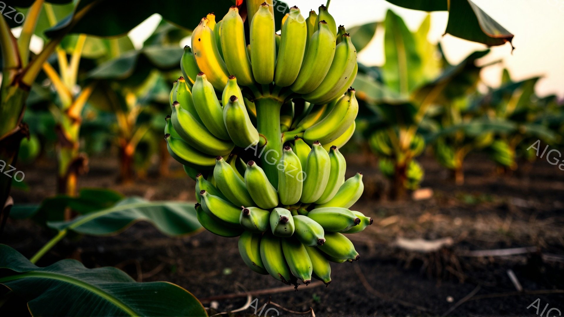 鮮やかな緑色のバナナの房が、濃い緑色の大きな葉に囲まれて写っている。背景はバナナの葉が生い茂る農園で、土の地面が確認できる。全体的に暖かく、自然豊かな雰囲気が感じられる。