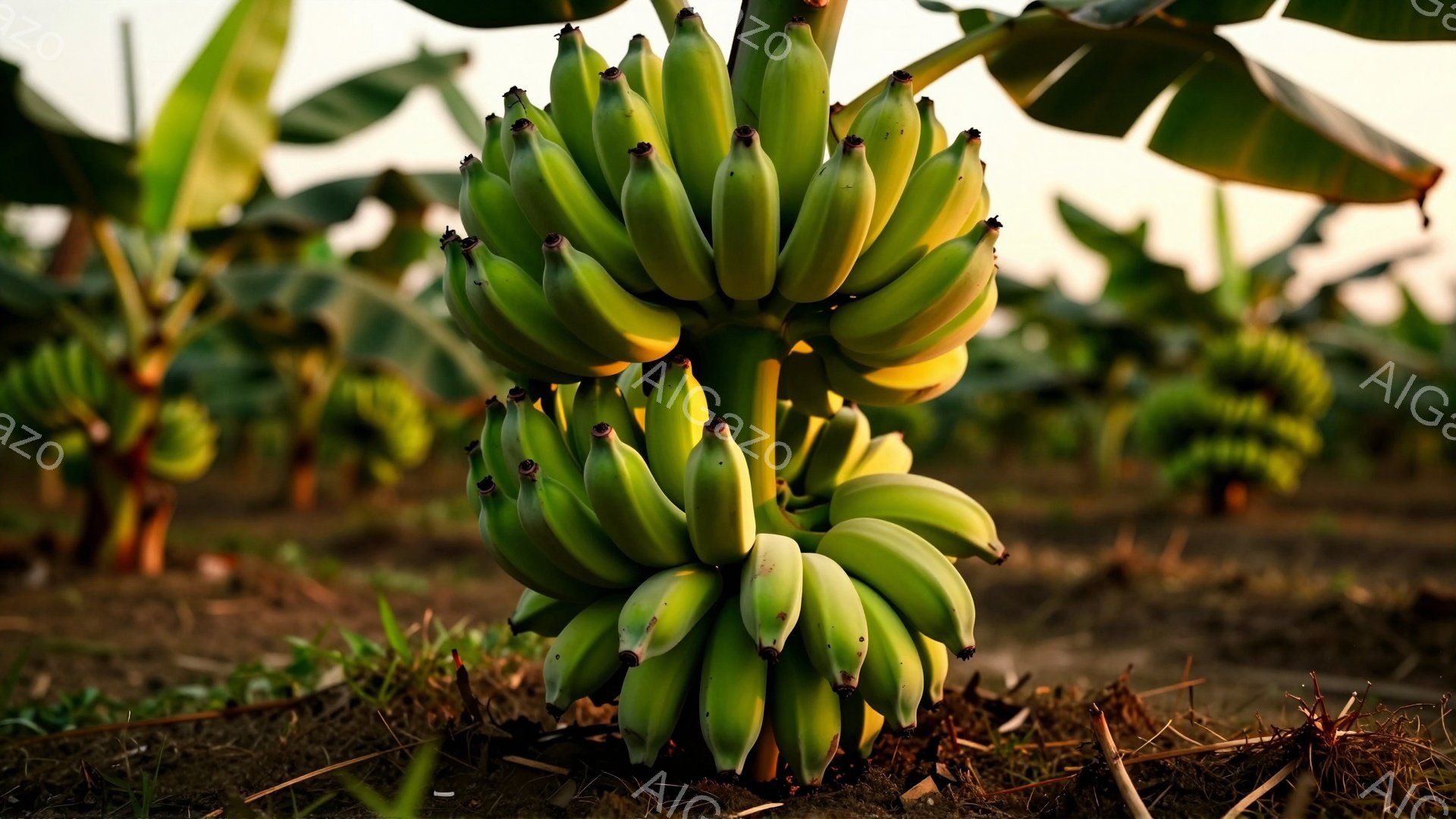 緑色のバナナの房が密集して写っており、まだ青く未熟な状態であることがわかる。土と草が生えた地面の上にバナナが並び、背景には他のバナナの木々がぼんやりと見える。夕暮れ時の柔らかな光が全体を照らし、穏やかで自然な雰囲気を醸し出している。