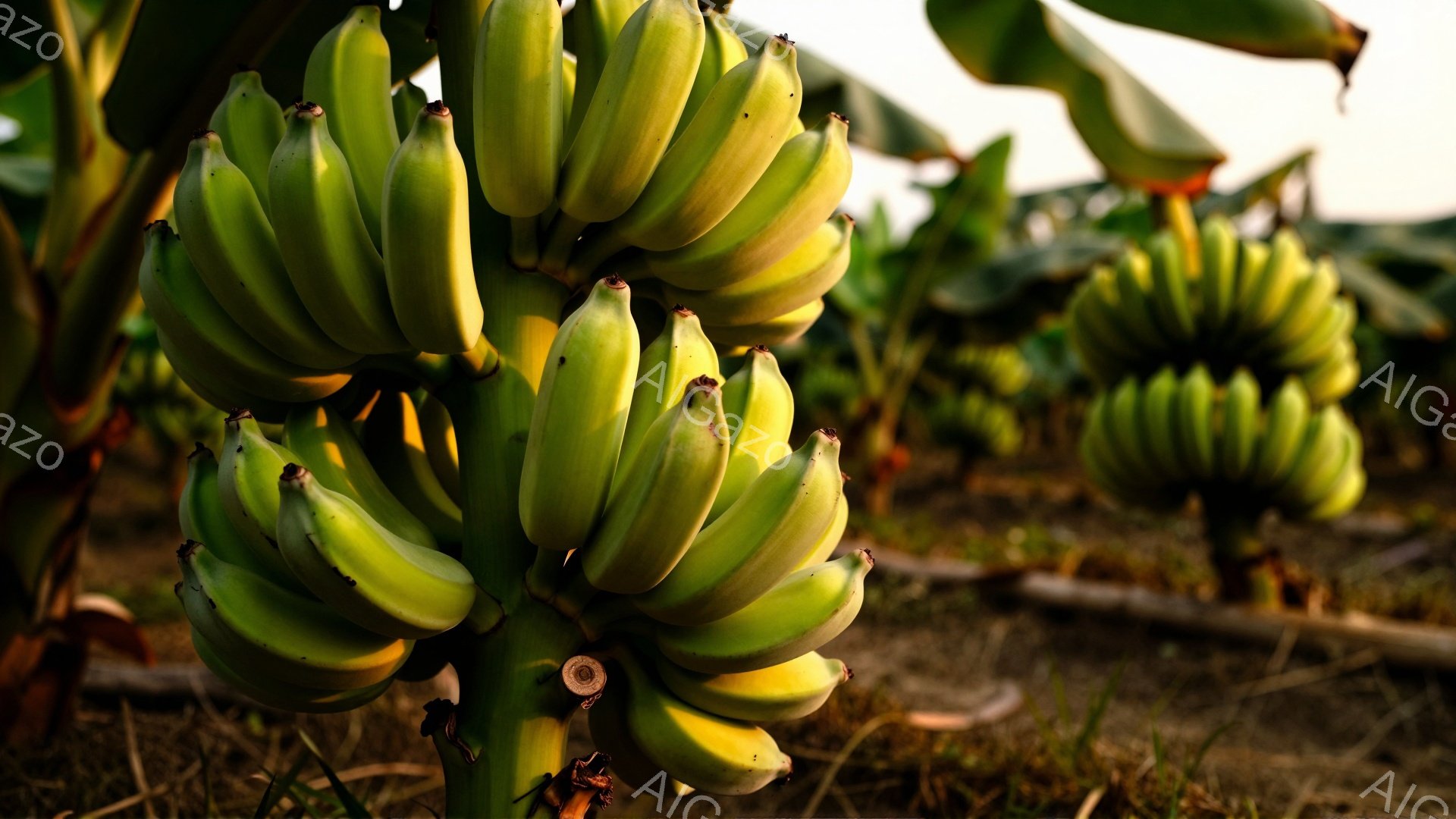 画像は緑色のバナナが密集した房がいくつか写っています。前景の房は非常に鮮明で、バナナの形や質感がよくわかります。背景には、ぼやけたバナナの房が多数見え、緑豊かな植物と土の地面が広がっており、全体的に暖かく、熱帯の雰囲気が漂っています。