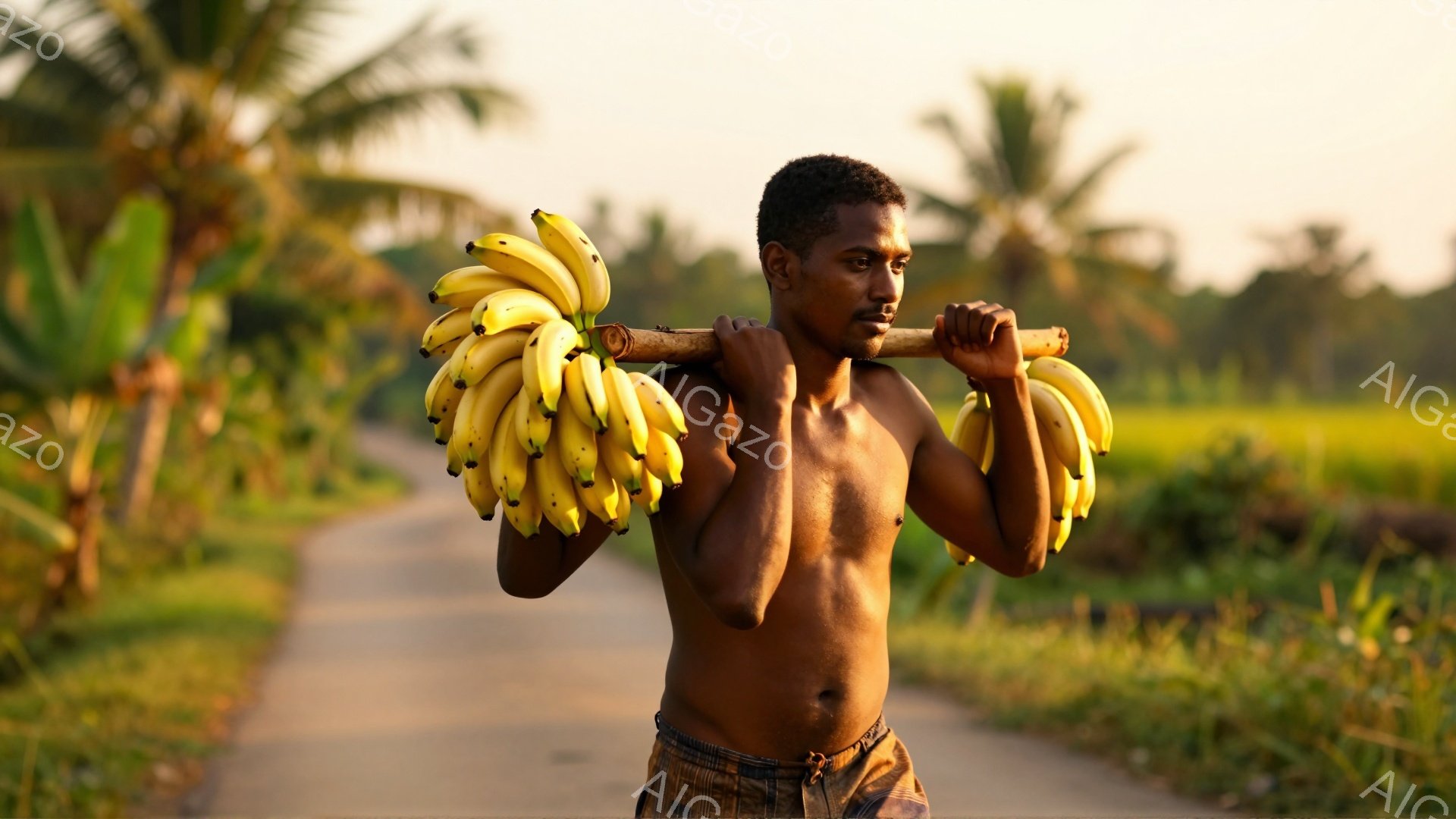 逞しい体格の男性が、肩に担いだ棒に吊るされた大量のバナナを運んでいる。彼は上半身裸で、濃い色のショートパンツを着用しており、真剣な表情で前を見据えている。背景には緑豊かな田園風景が広がり、道に沿ってヤシの木が並び、夕暮れ時の暖かい光が全体を包み込んでいる。