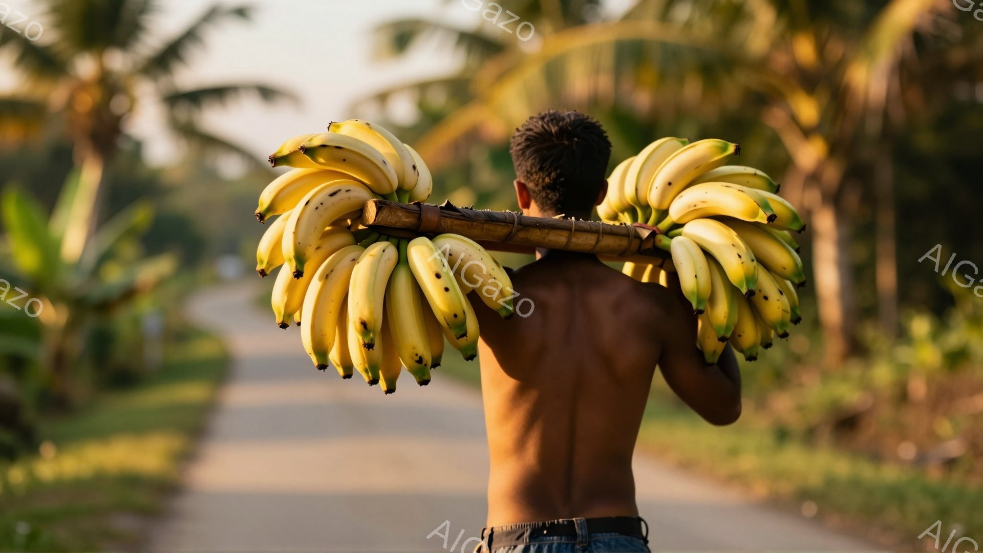 後ろ姿の男性が、肩にバナナの房を担いで土道を進んでいます。彼は上半身裸で、ジーンズを着用しており、筋肉質な背中が見えます。背景には緑豊かな植物が生い茂り、明るい日差しが差し込んでおり、穏やかで自然な雰囲気が漂っています。