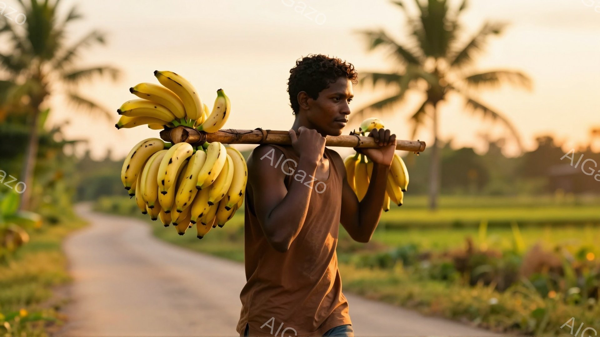 若い男性が肩に棒を担ぎ、たくさんのバナナを吊るしている。彼は茶色のタンクトップを着ており、髪は短くカールしている。背景には緑豊かな田園風景が広がり、遠くにはヤシの木が見え、夕焼けのような暖かい光が全体を包んでいる。
